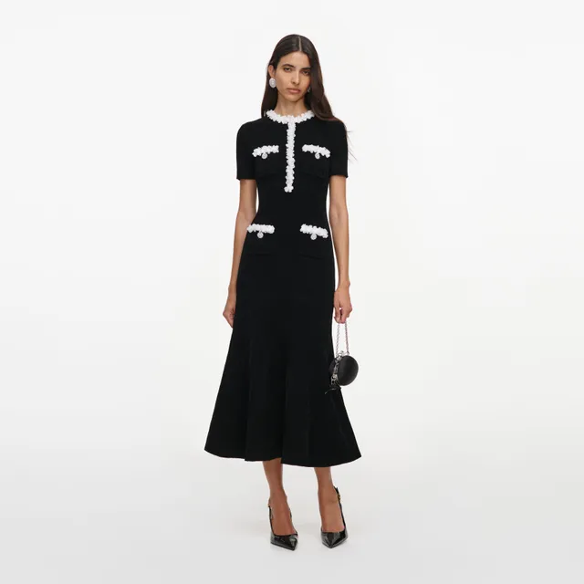 Self Portrait Chenille Flower Trim Midi Kleid schwarz S