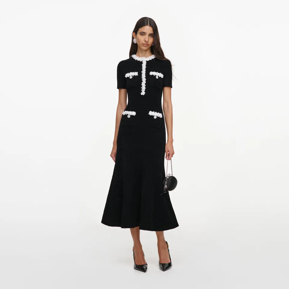 Self Portrait Chenille Flower Trim Midi Kleid schwarz S