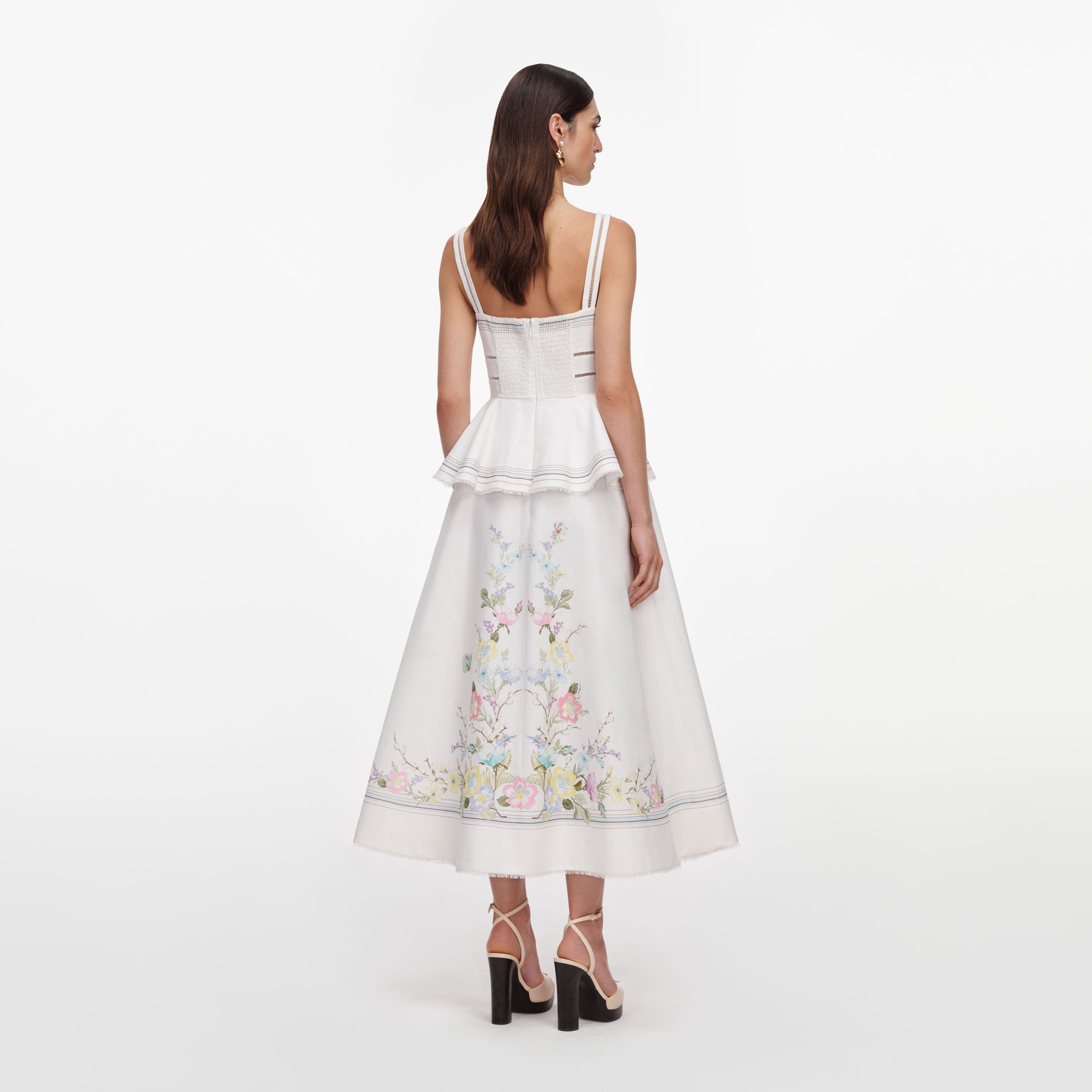 Self Portrait White Floral Linen Peplum Midikleid Weiß UK 4-16