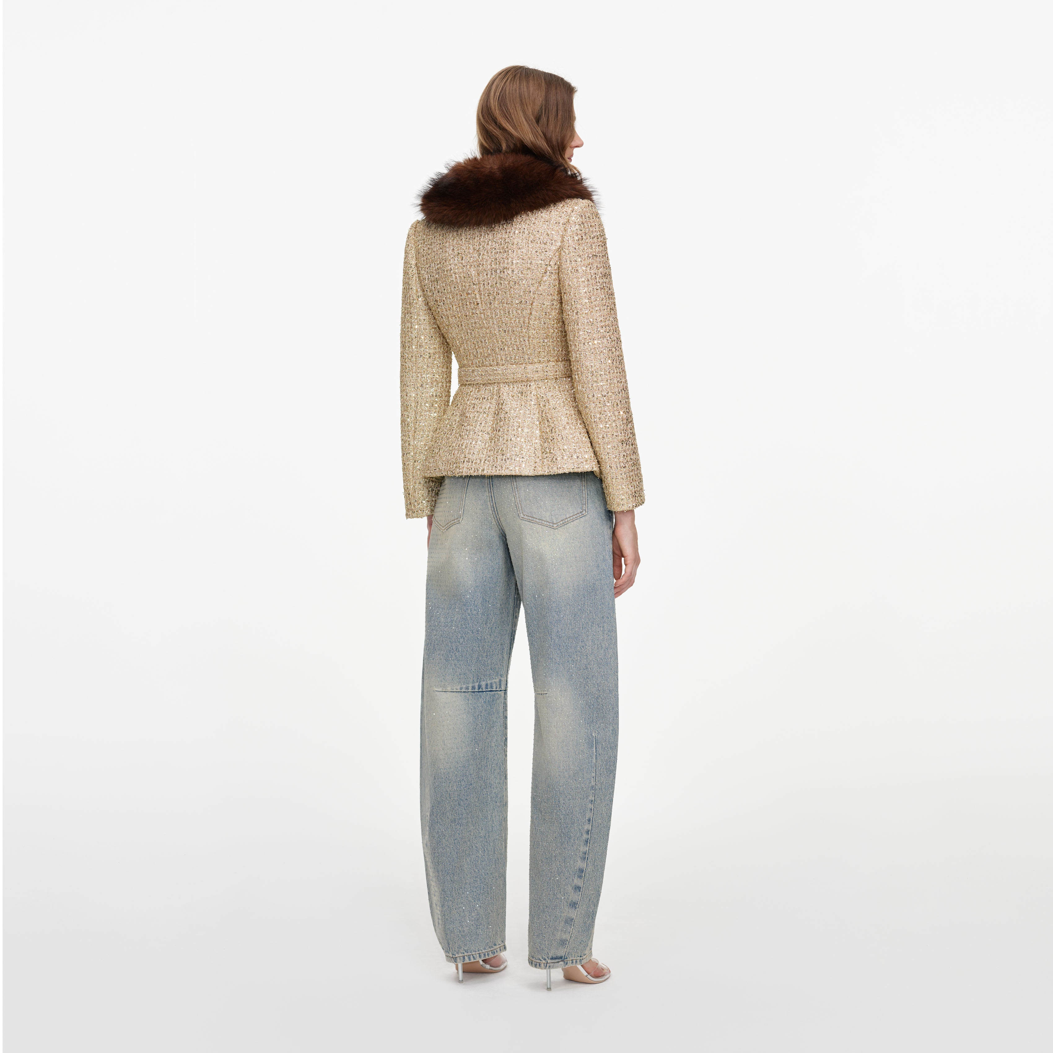 Self Portrait Gold Sequin Boucle Jacke Gold