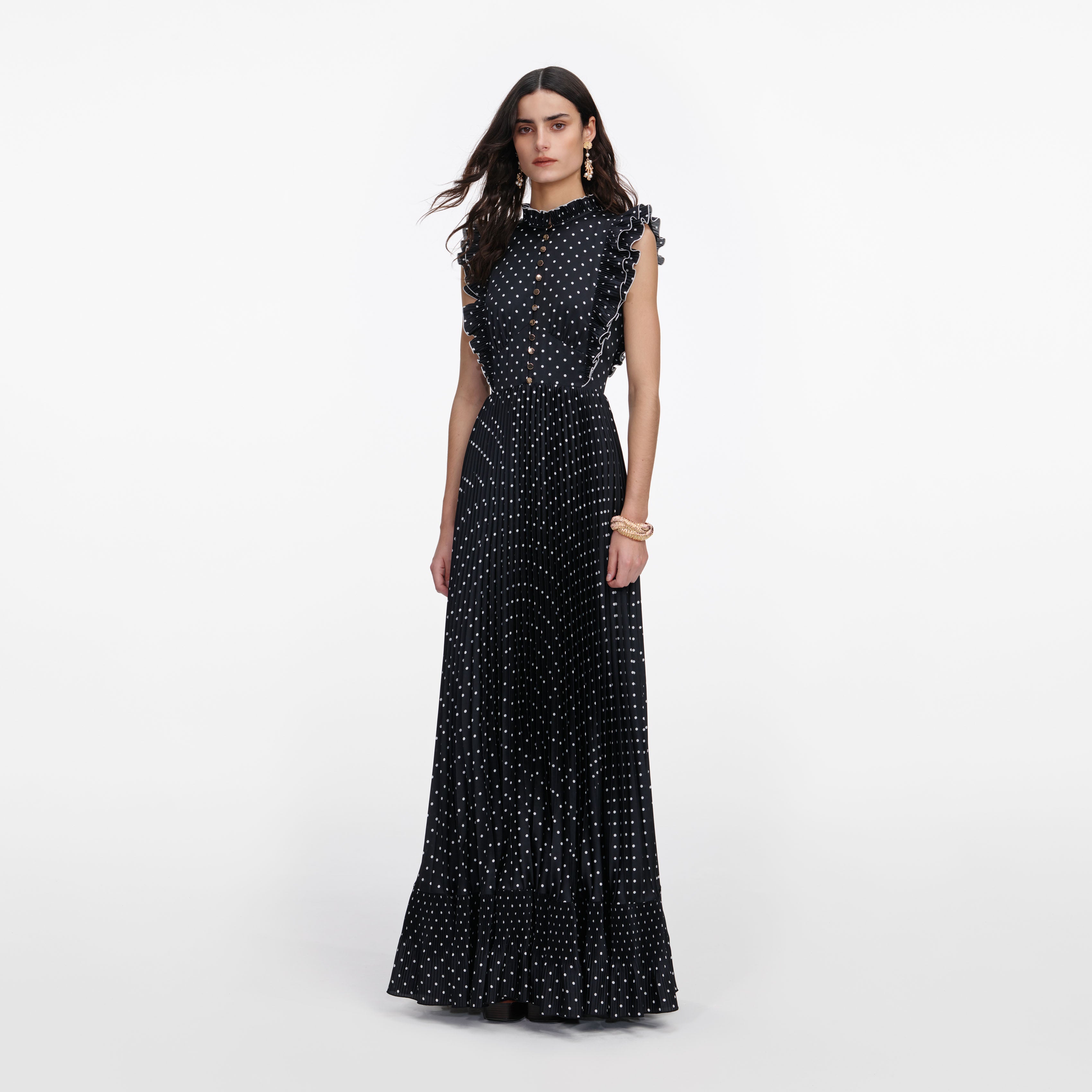 Self Portrait Black Polka Dot Frill Maxi Kleid Schwarz UK 6