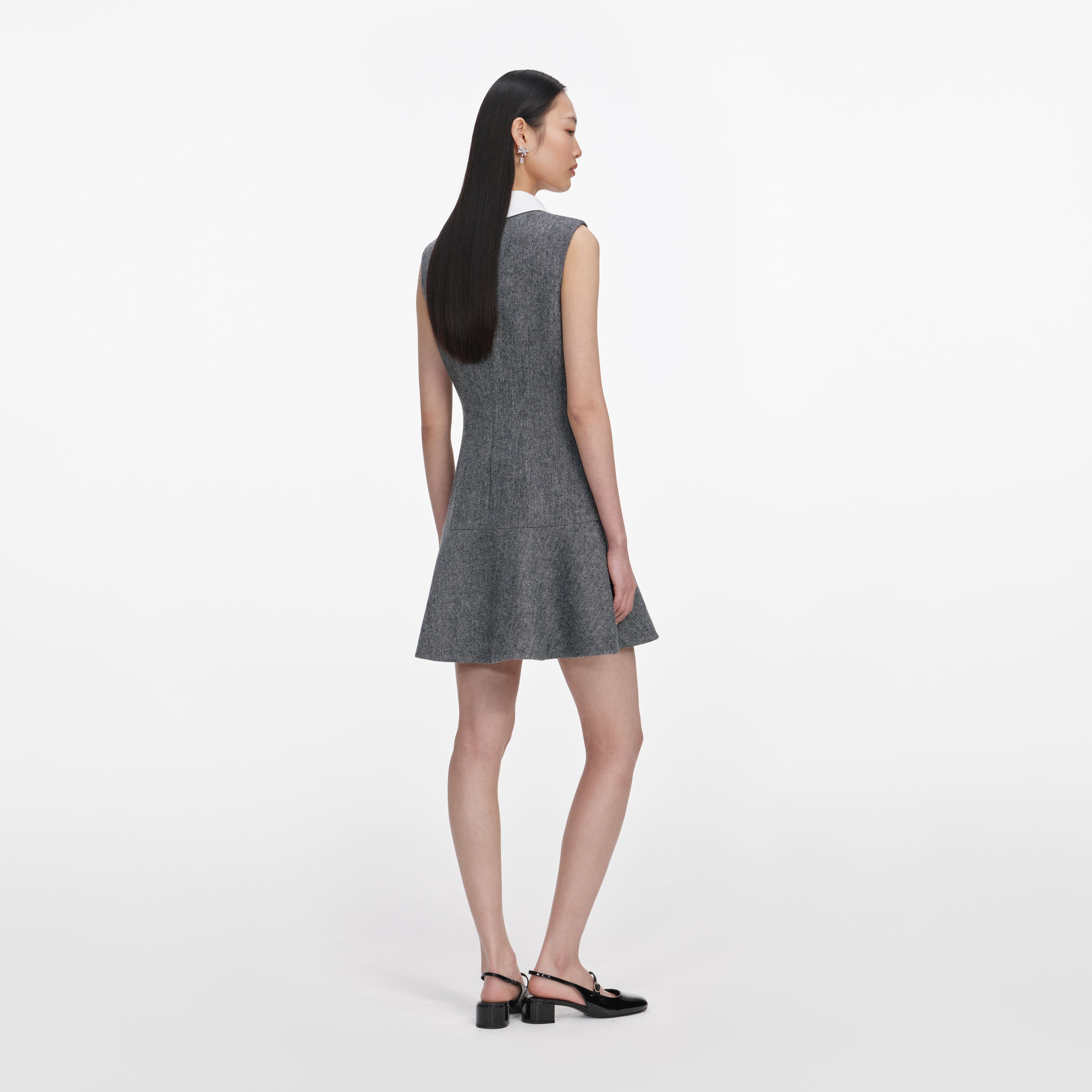Self Portrait Grey Herringbone Lace Bib Mini Kleid Grau