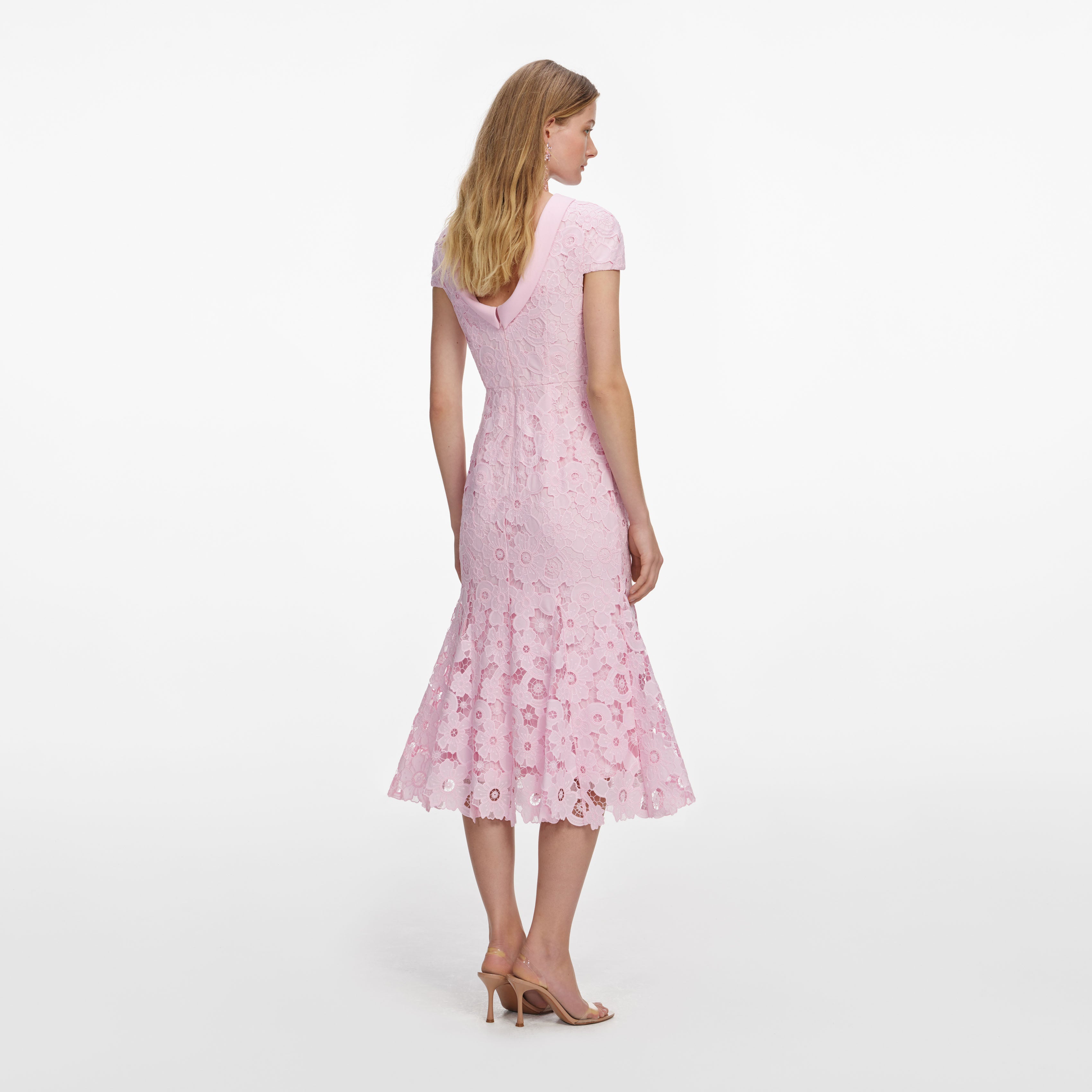 Self Portrait Lace Scoop Back Midikleid rosa Guipure Spitze