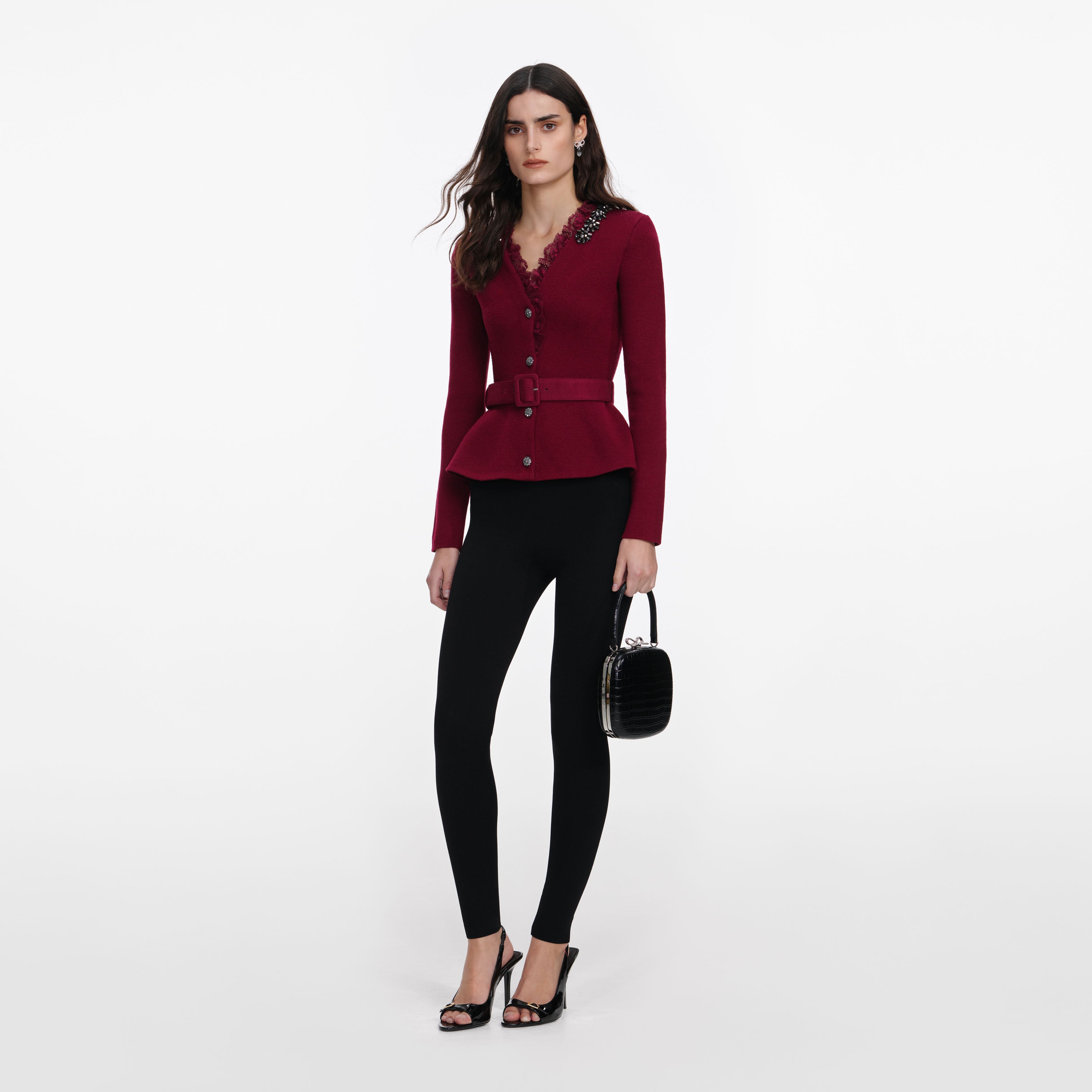 Self Portrait Knitwear Burgundy Crystal Trim Cardigan Strickjacke S