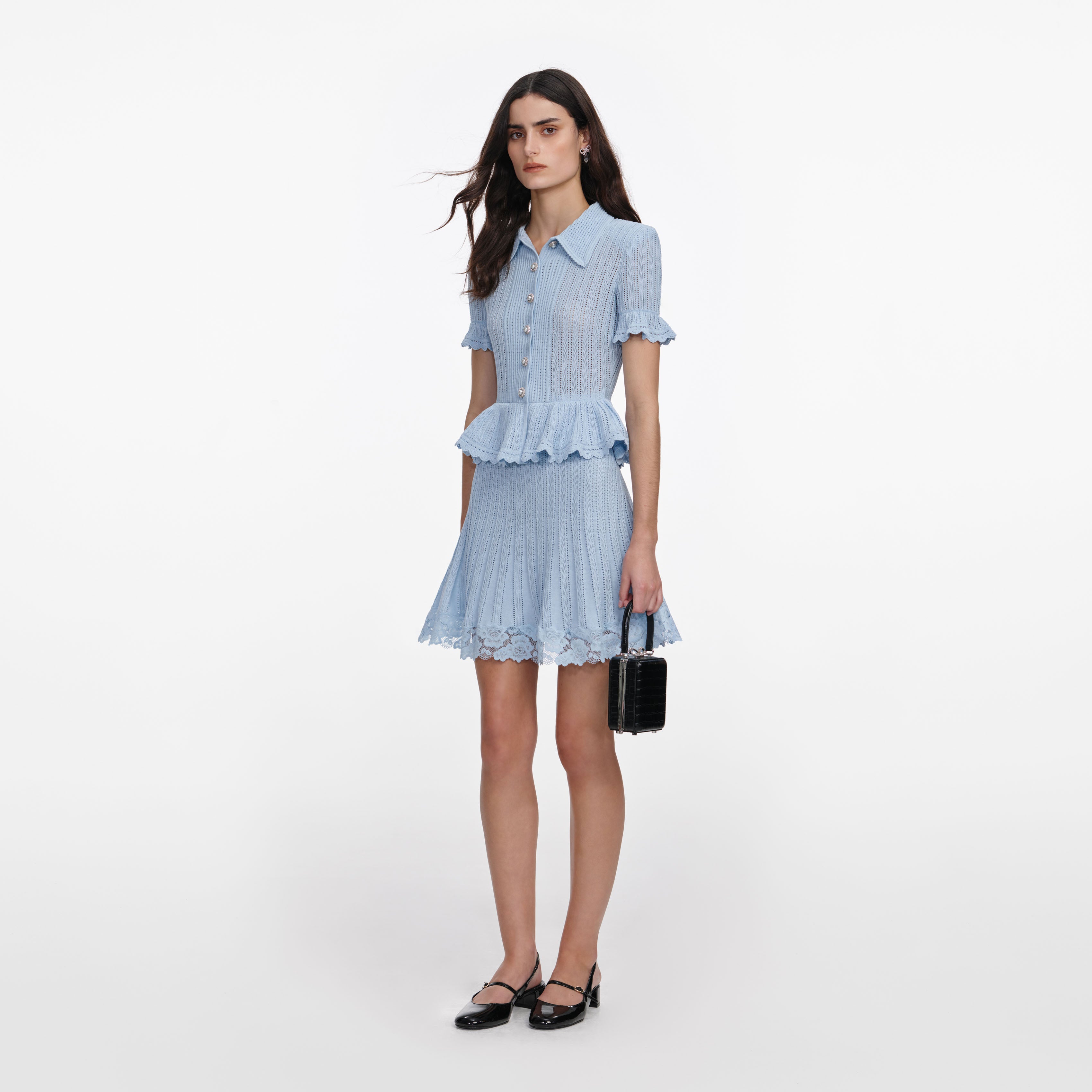 Self Portrait Blue Pointelle Peplum Knit Mini Kleid Blau Gr.S
