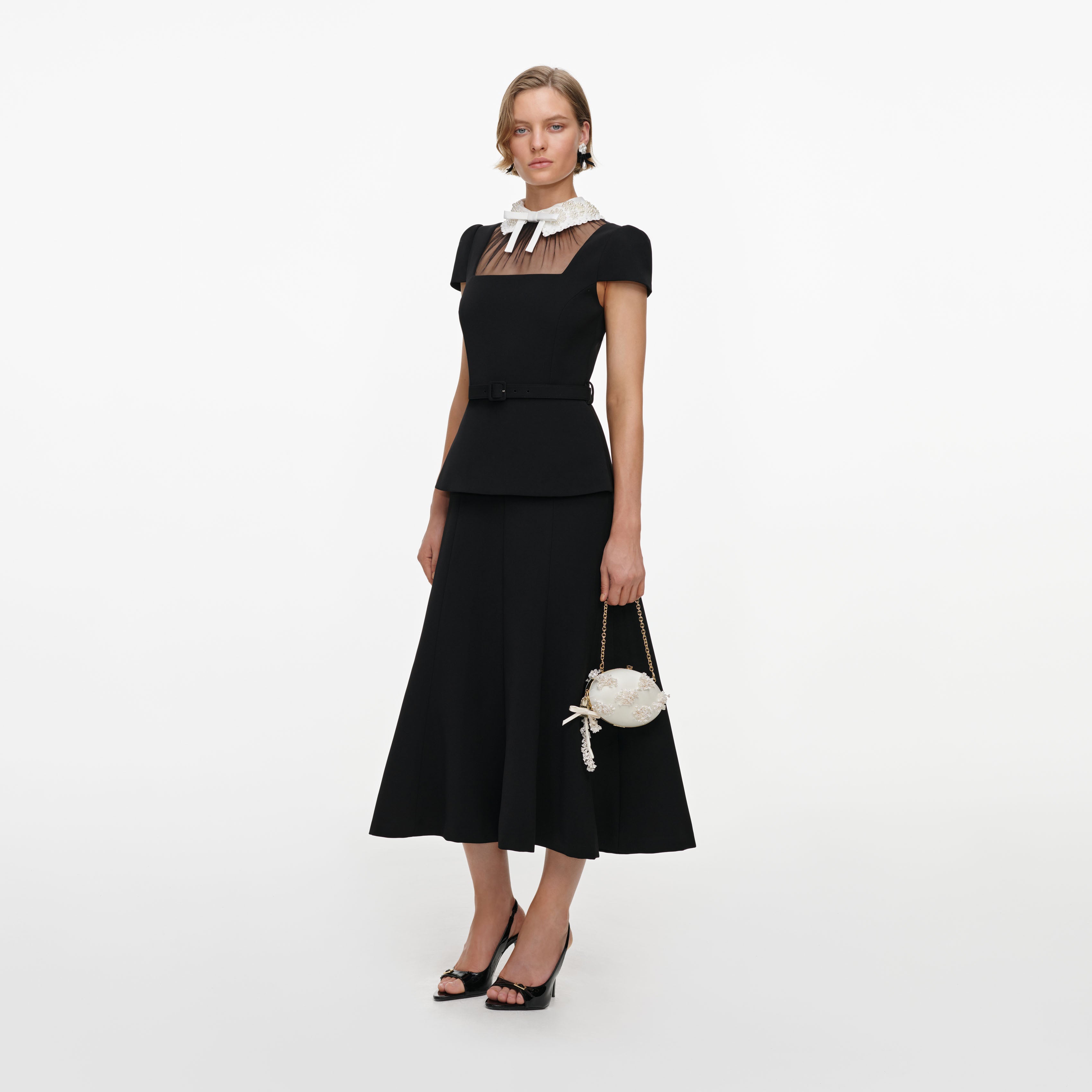 Self Portrait Black Bow Peplum Midikleid Schwarz UK 10