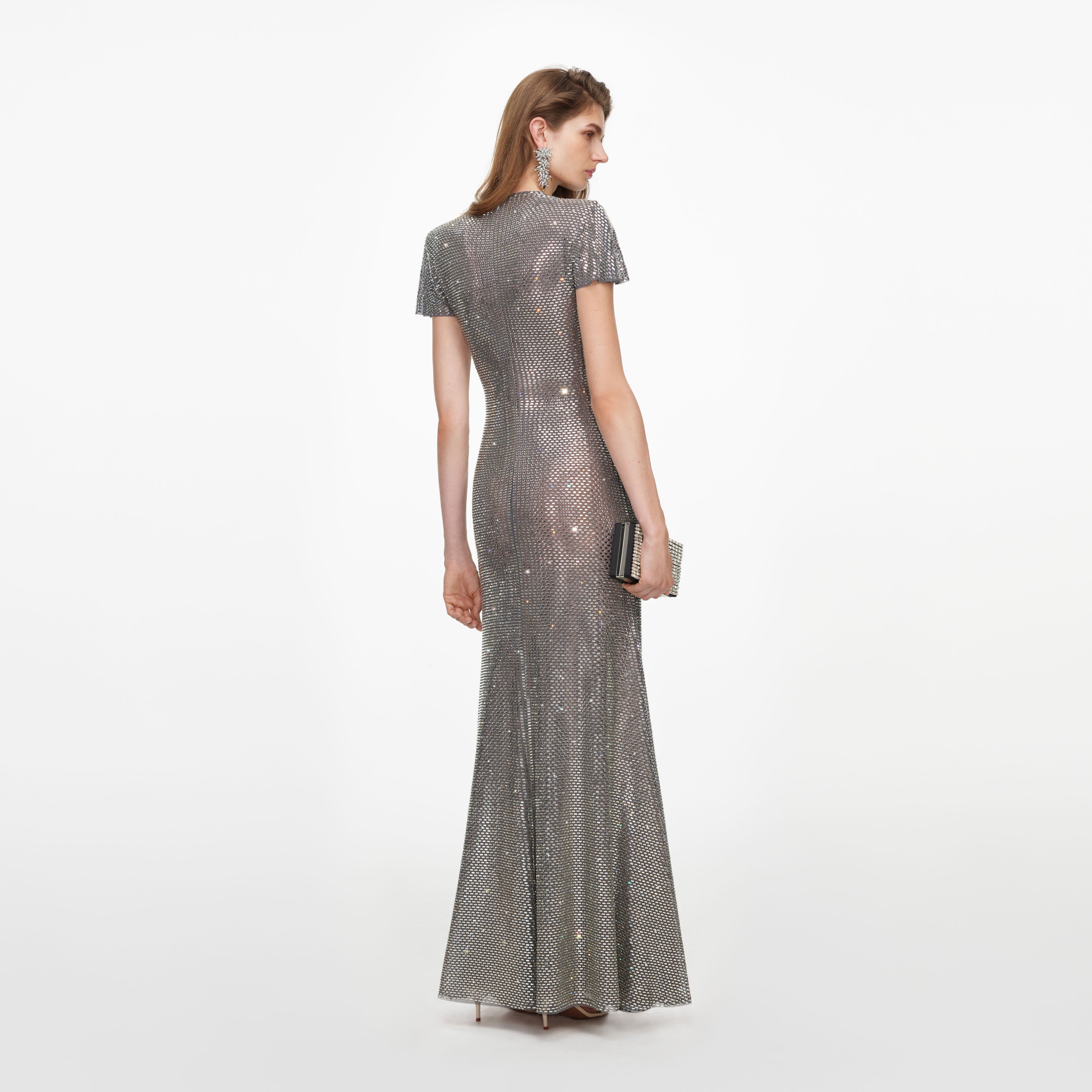 Self Portrait Grey Rhinestone Mesh Wrap Maxi Kleid Grau UK 4