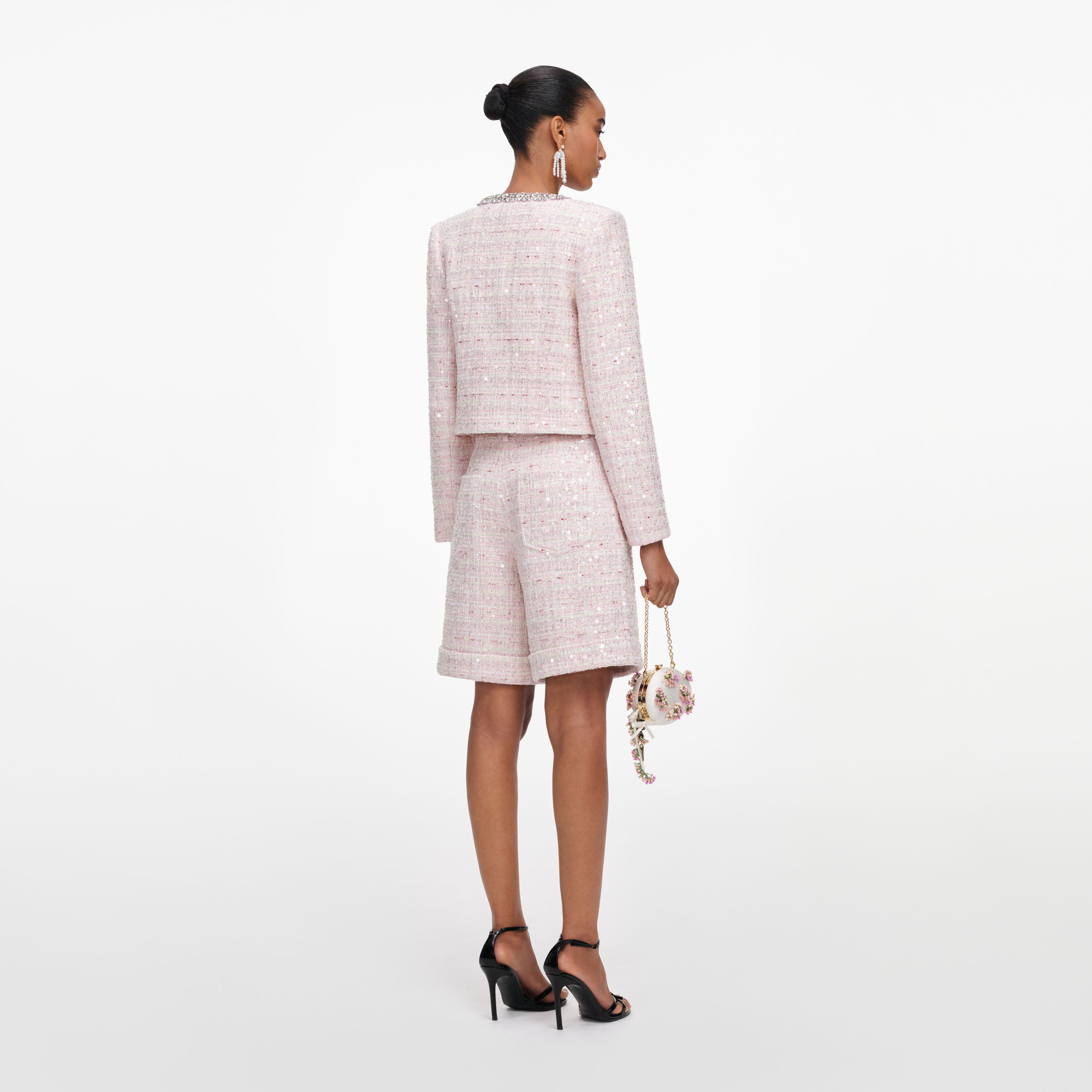 Self Portrait Pink Sequin Boucle Shorts Rosa