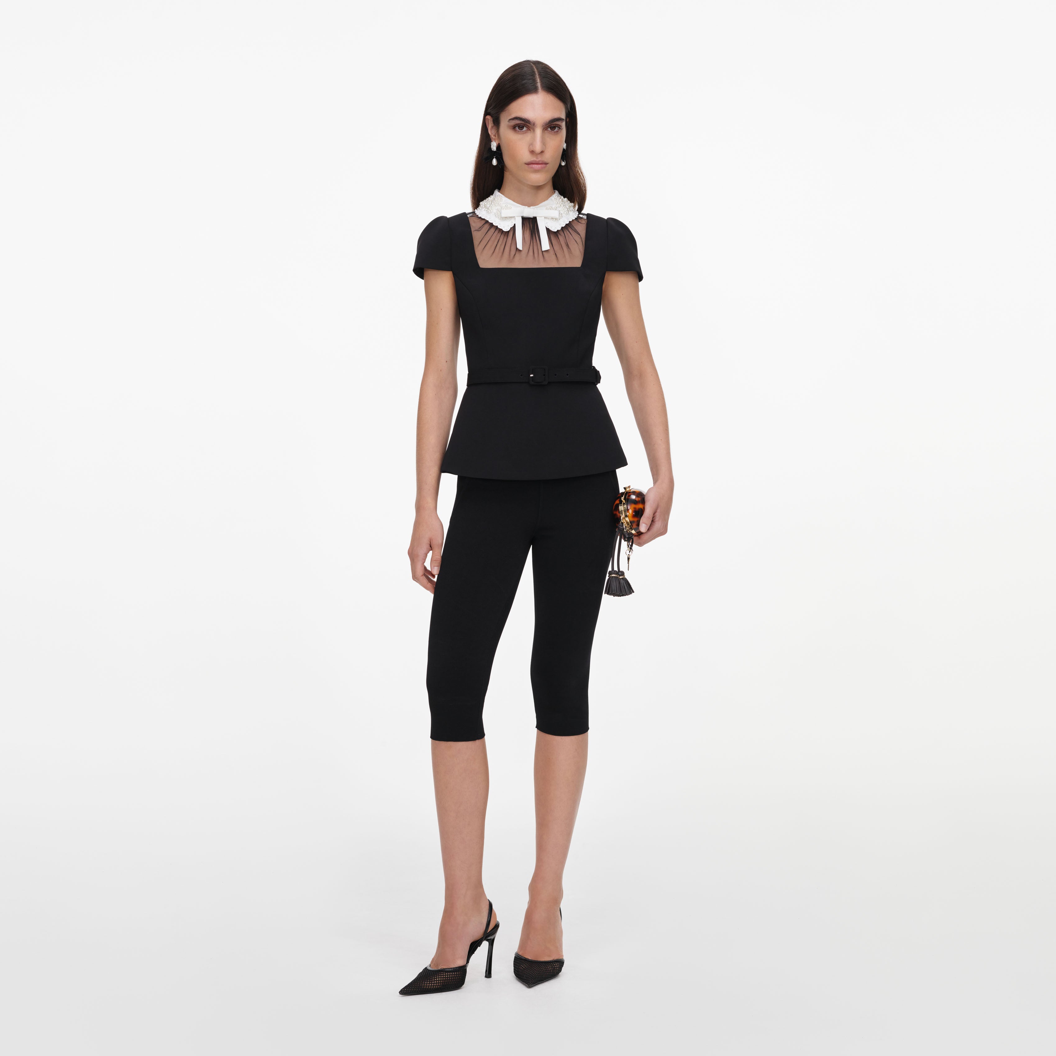 Self Portrait Tops Black Crepe Bow Collar Top Oberteil Schwarz