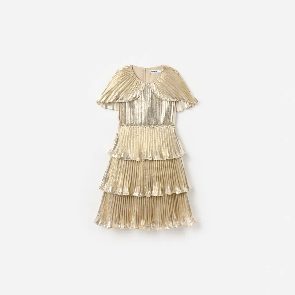 Self Portrait Gold Metallic Tiered Kinderkleid Champagne