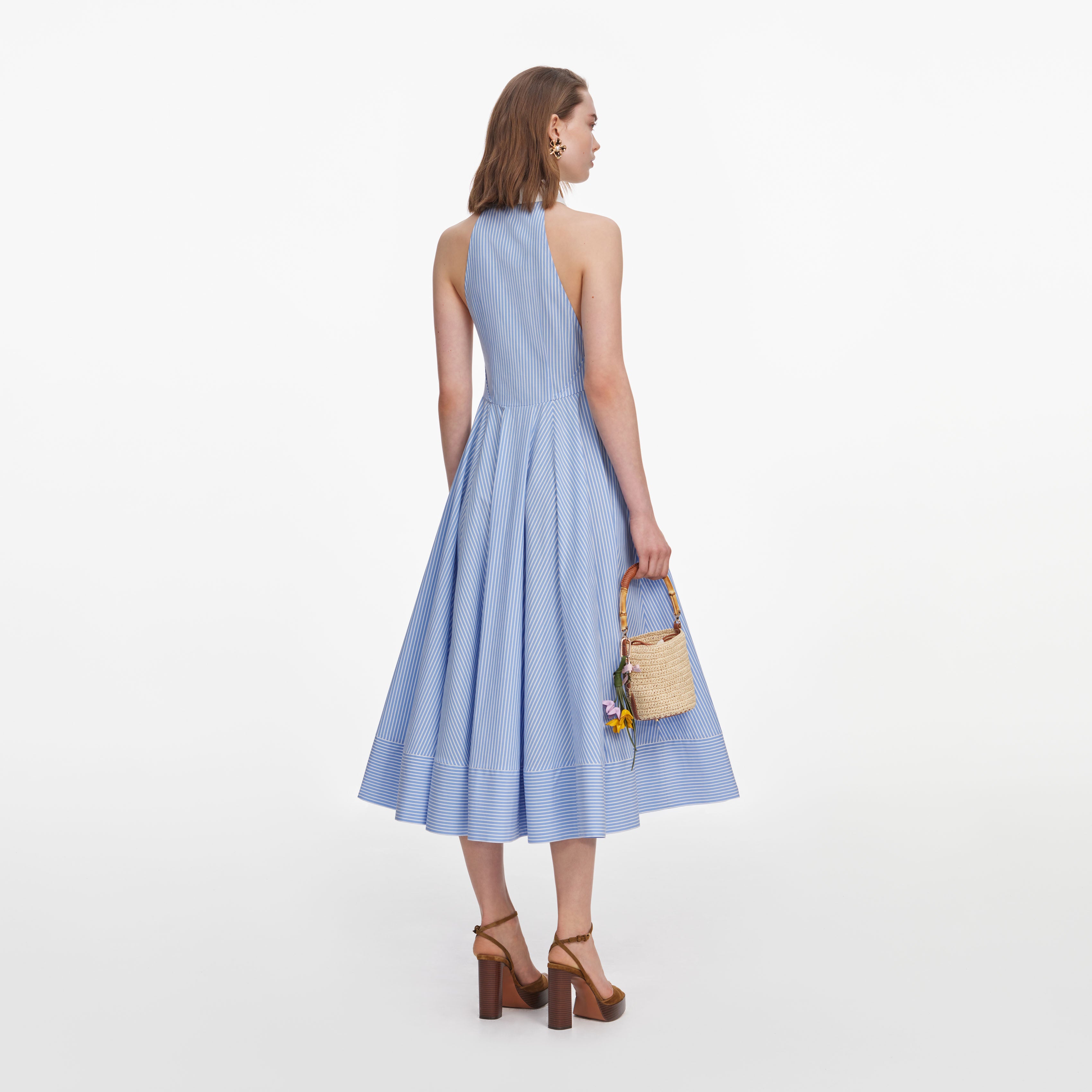 Self Portrait Blue Striped Cotton Midikleid Blau UK 10 Baumwolle