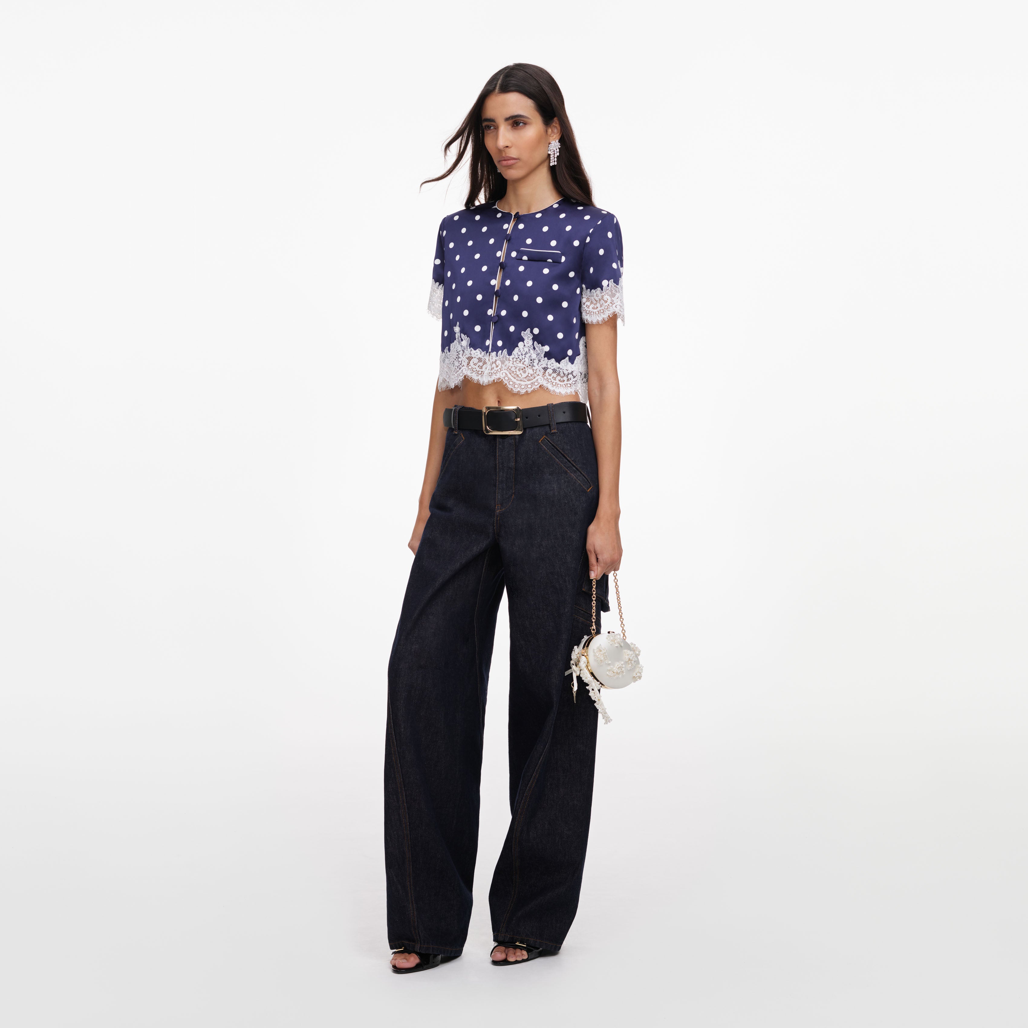 Self Portrait Navy Polka Dot Satin Top blau UK 8