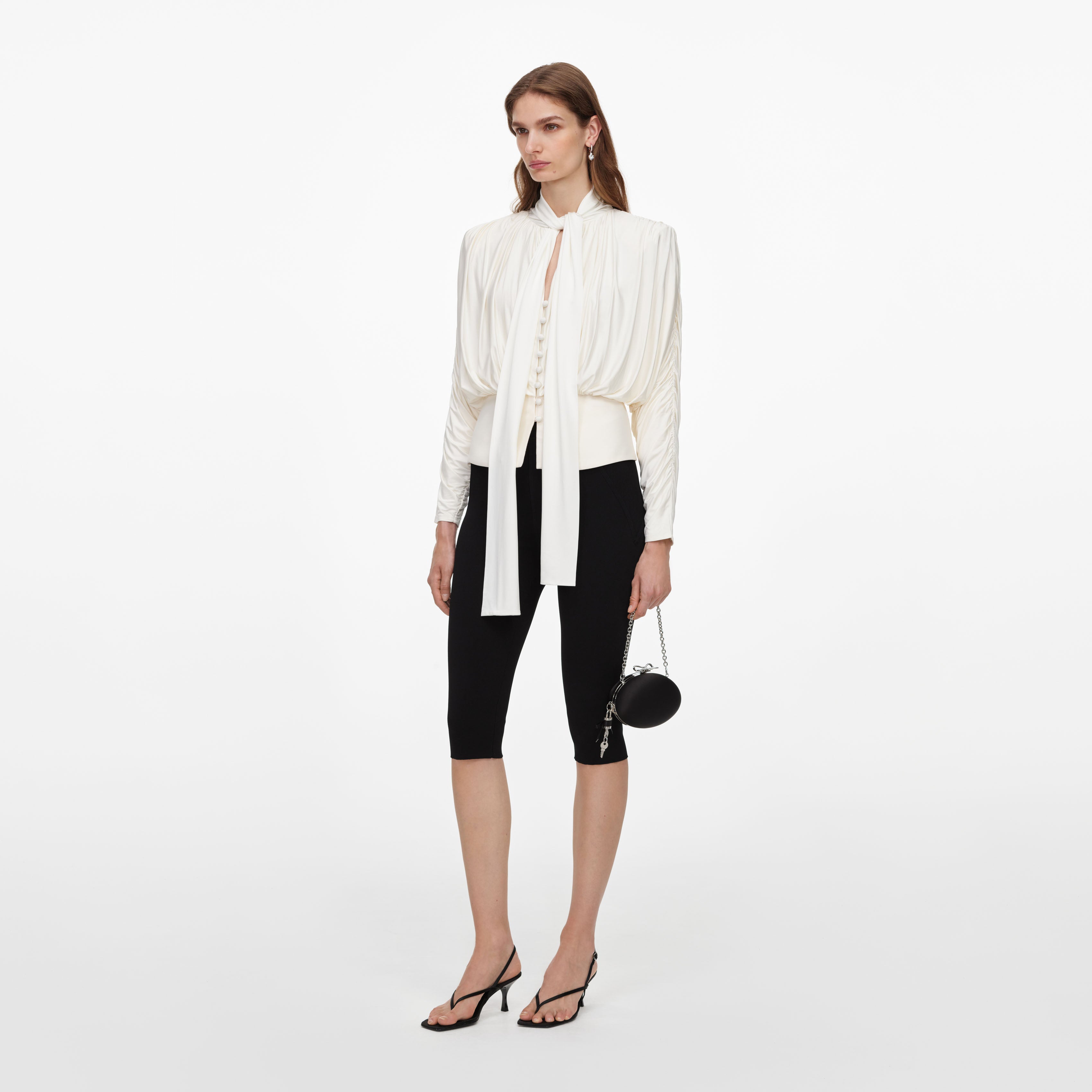 Self Portrait Cream Tie Neck Jersey Top Creme Viskose