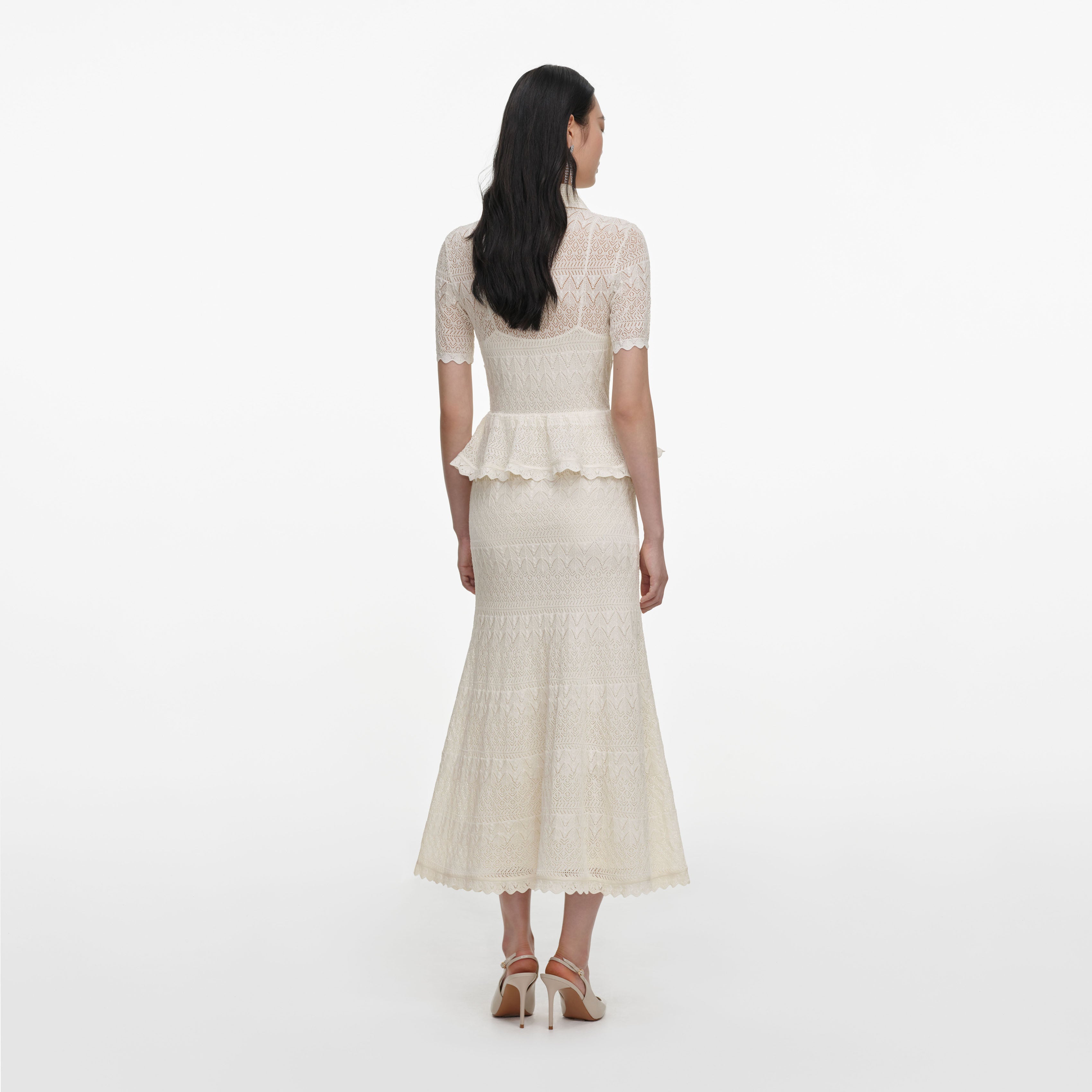 Self Portrait Cream Pointelle Knit Wrap Midi Kleid Creme