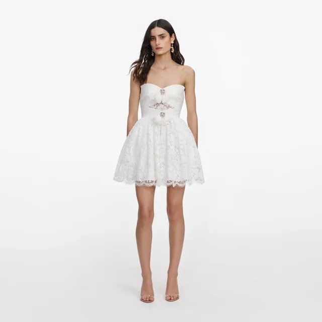 Self Portrait Lace Bow Mini Kleid Weiß Spitze Gr. UK 6