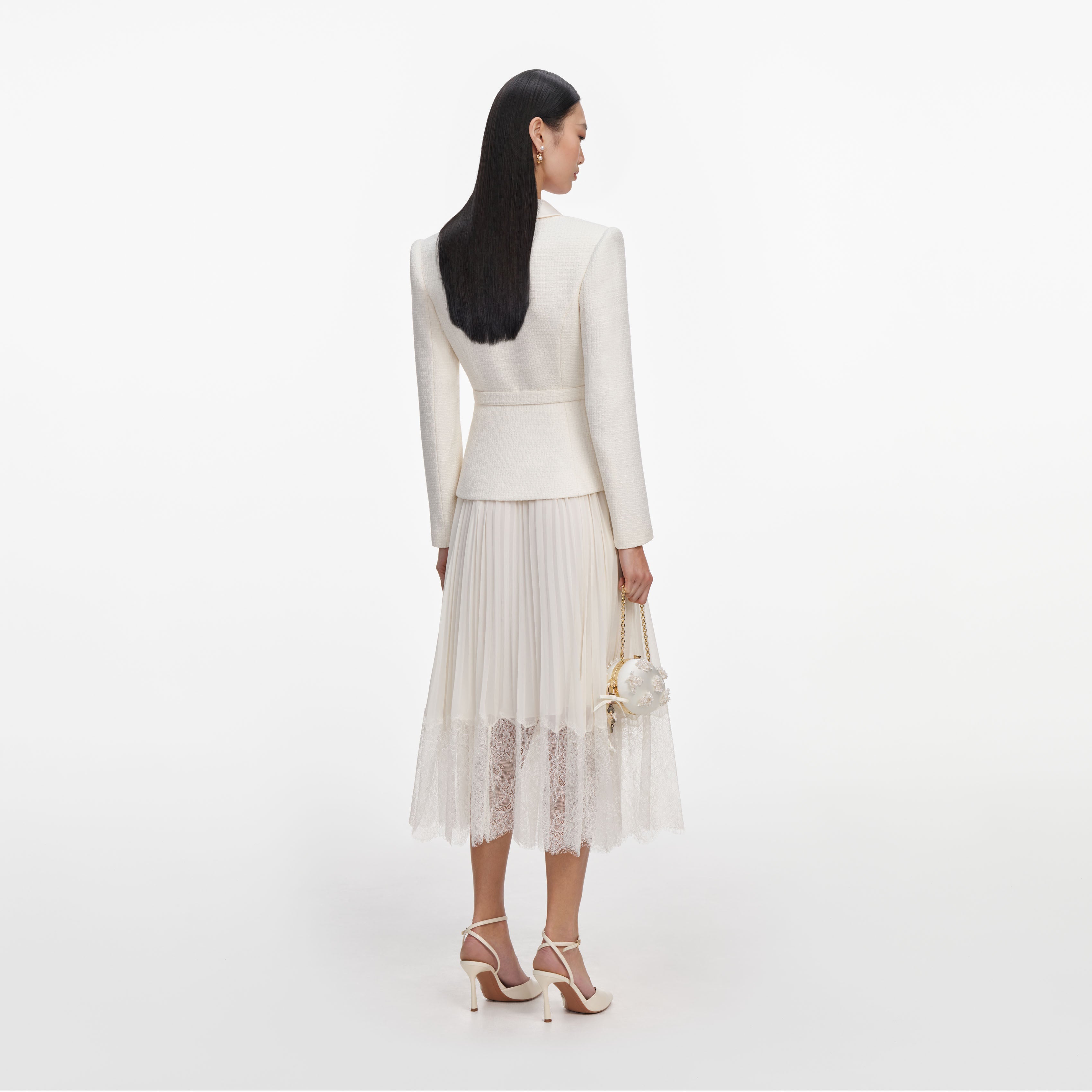 Self Portrait Cream Boucle Midi Kleid Creme Schal