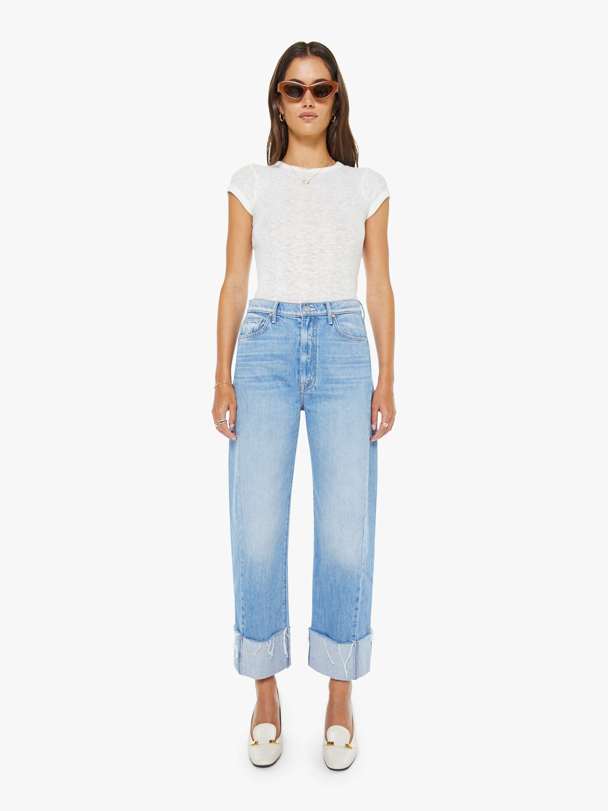 MOTHER Denim Half-Pipe Ankle Cuff Fray Jeans Last Bite Barrel