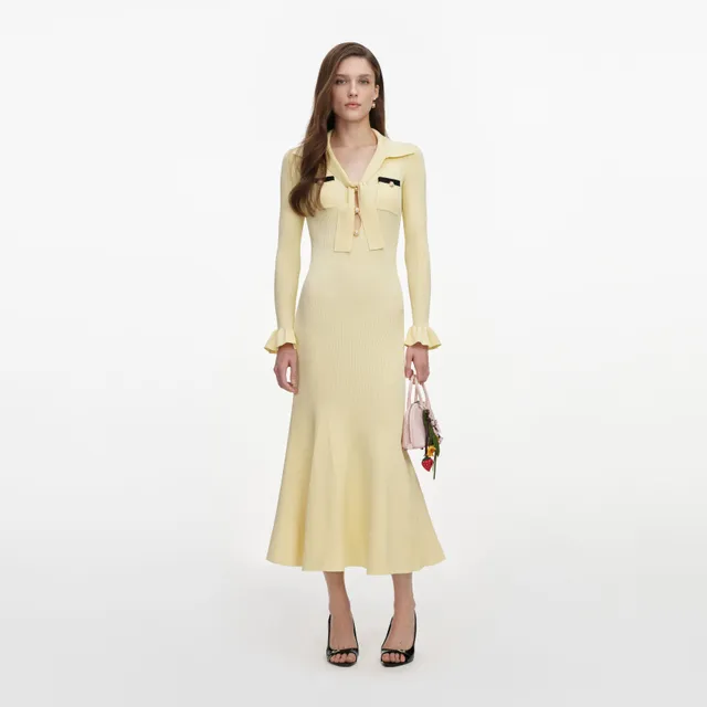Self Portrait Yellow Viscose Midikleid gelb Strick Größe S
