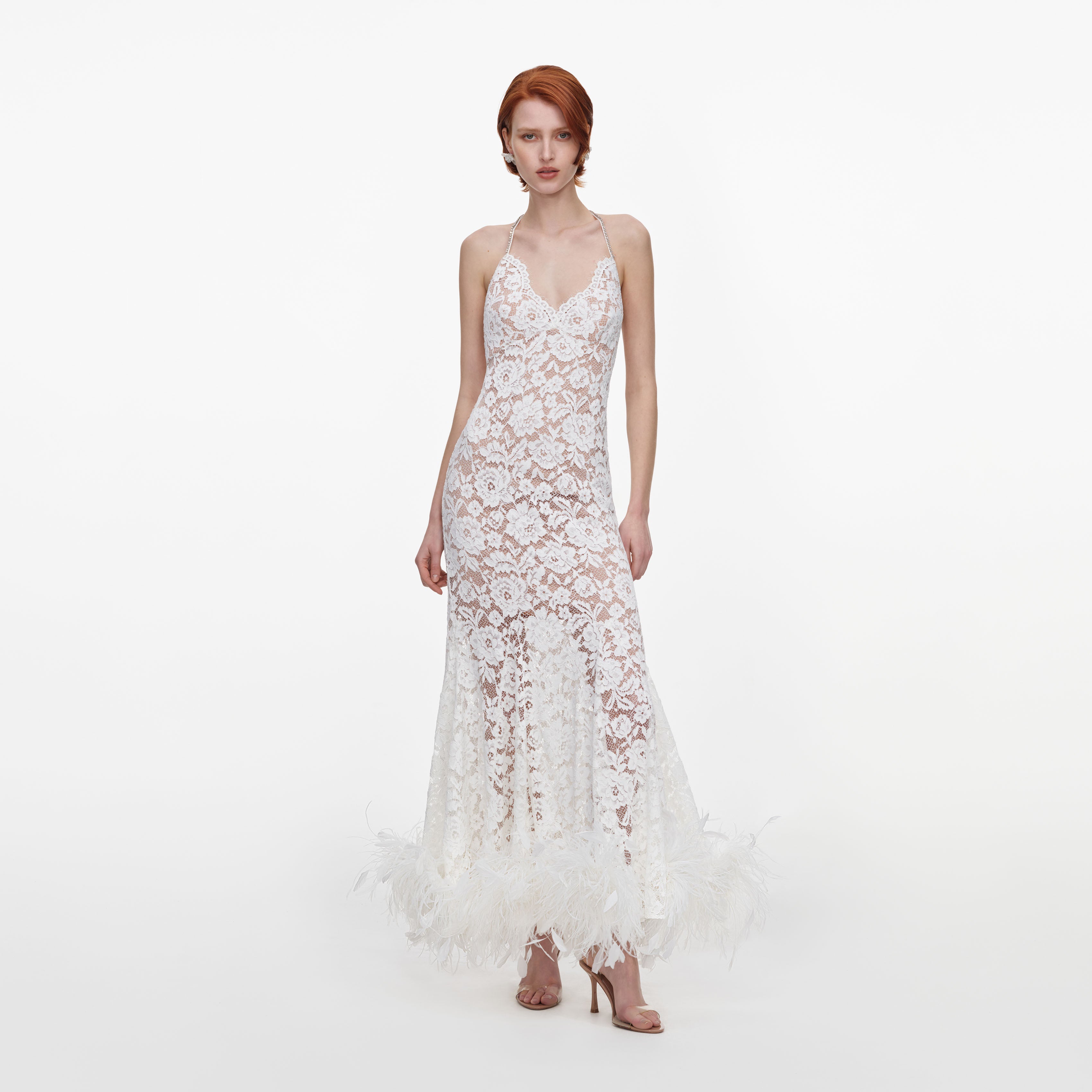 Self Portrait Dresses White Fine Lace Feather Maxikleid Weiß UK 6