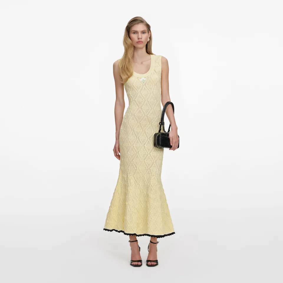 Self Portrait Yellow Pointelle Knit Midi Kleid Gelb S Stickerei