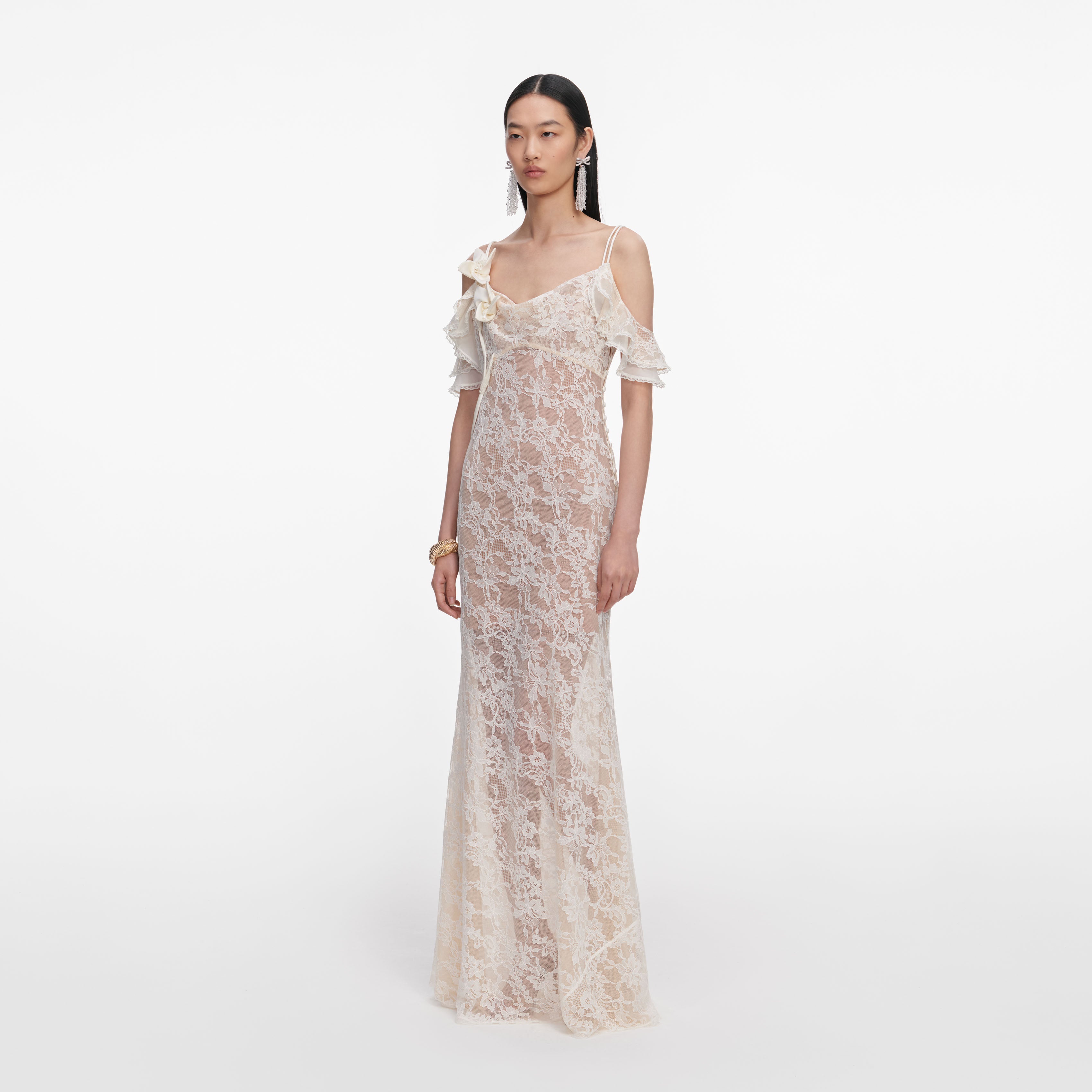 Self Portrait Cream Lace Flower Maxi Kleid Creme Spitze