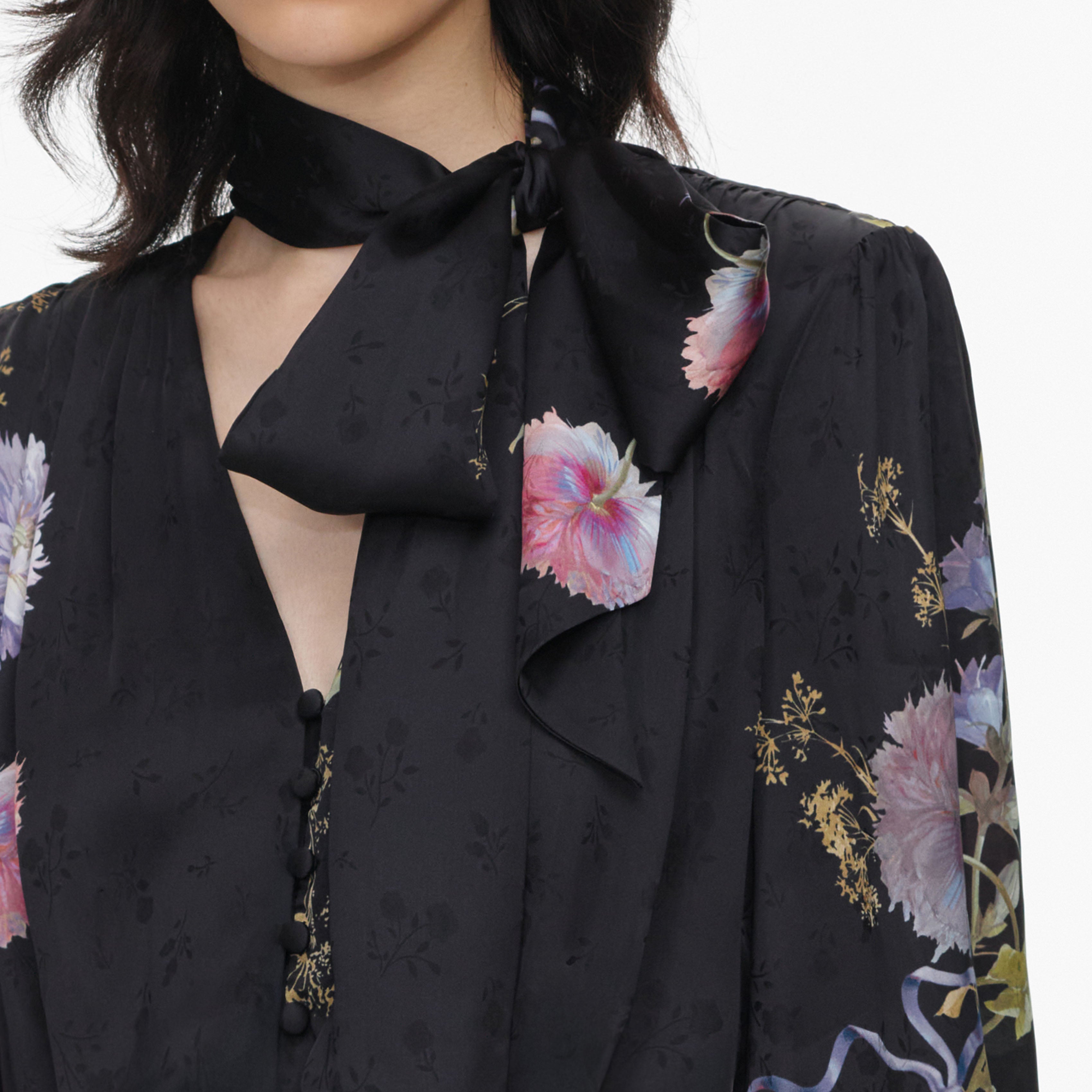 Self Portrait Black Satin Floral Midi Kleid Schwarz Blumen