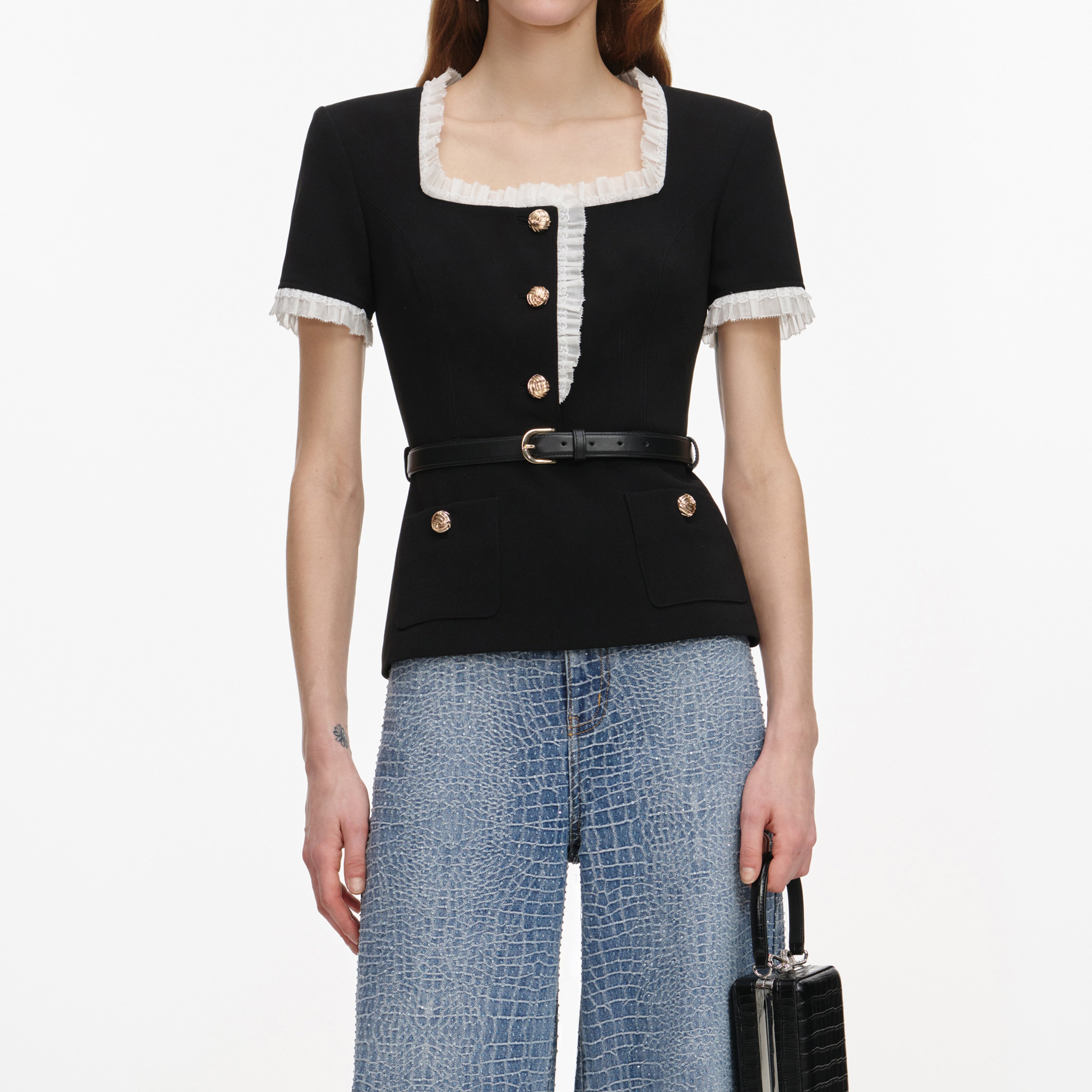 Self Portrait Black Crepe Contrast Frill Top Bluse Schwarz