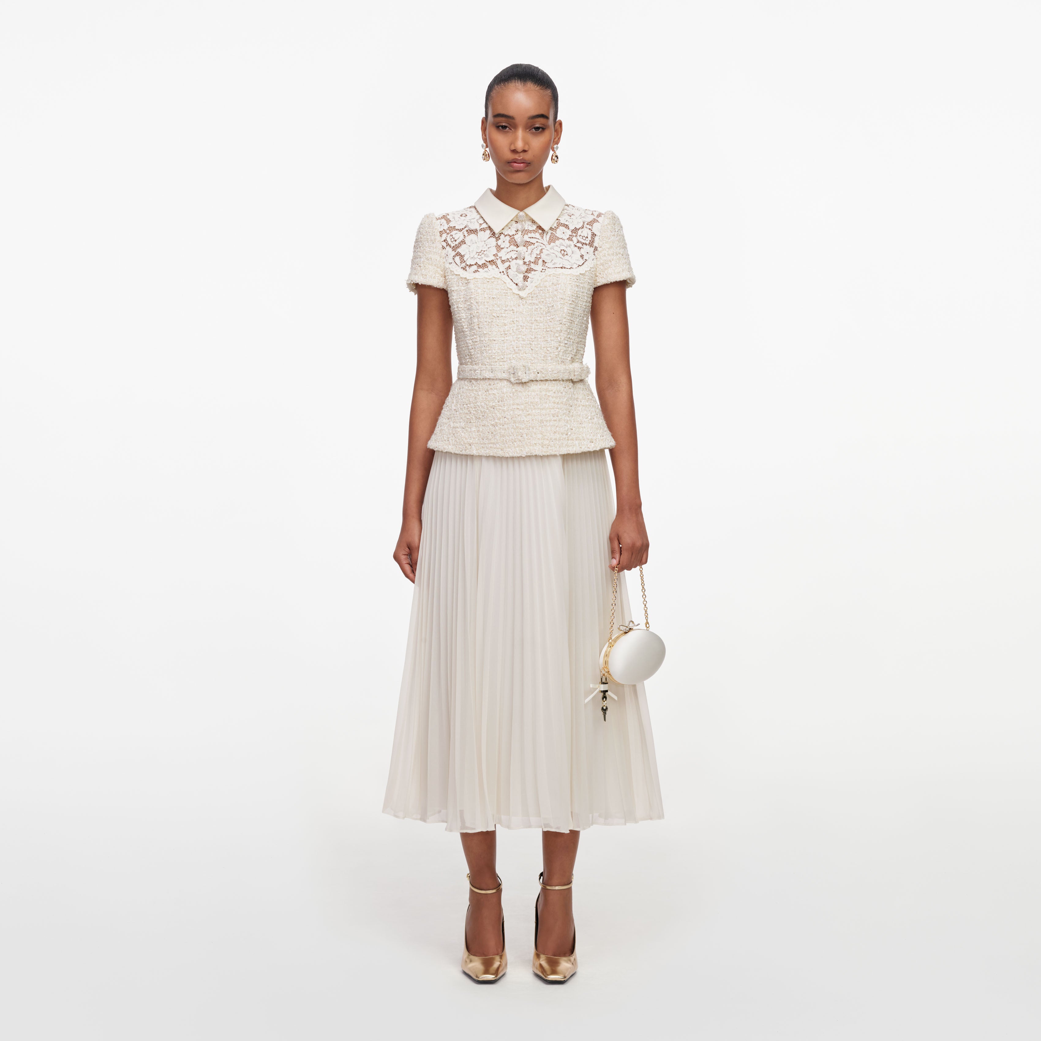 Self Portrait Lace Boucle Midikleid creme A-Linie