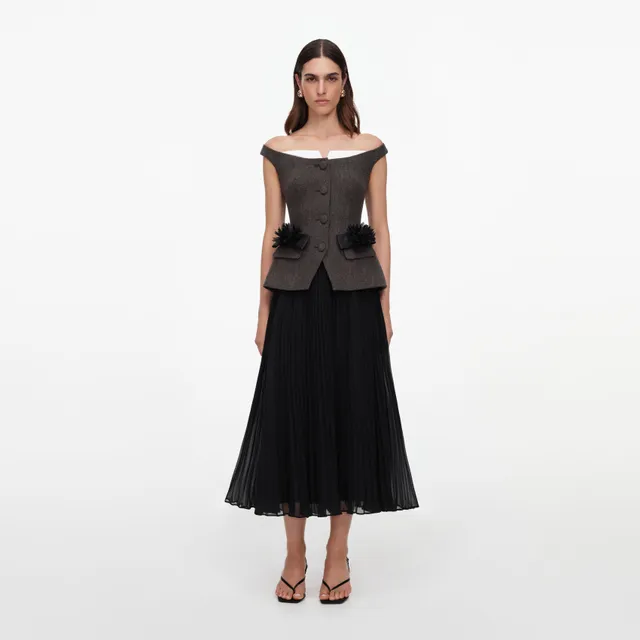 Self Portrait Dresses Brown Off Shoulder Chiffon Midi Kleid UK 10