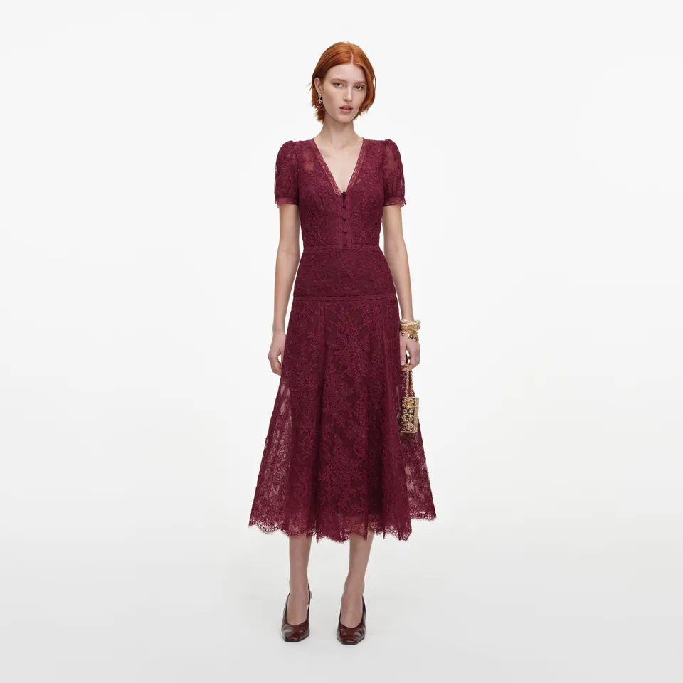 Self Portrait Dresses Burgundy Lace Midi Dress Bordeaux Spitze