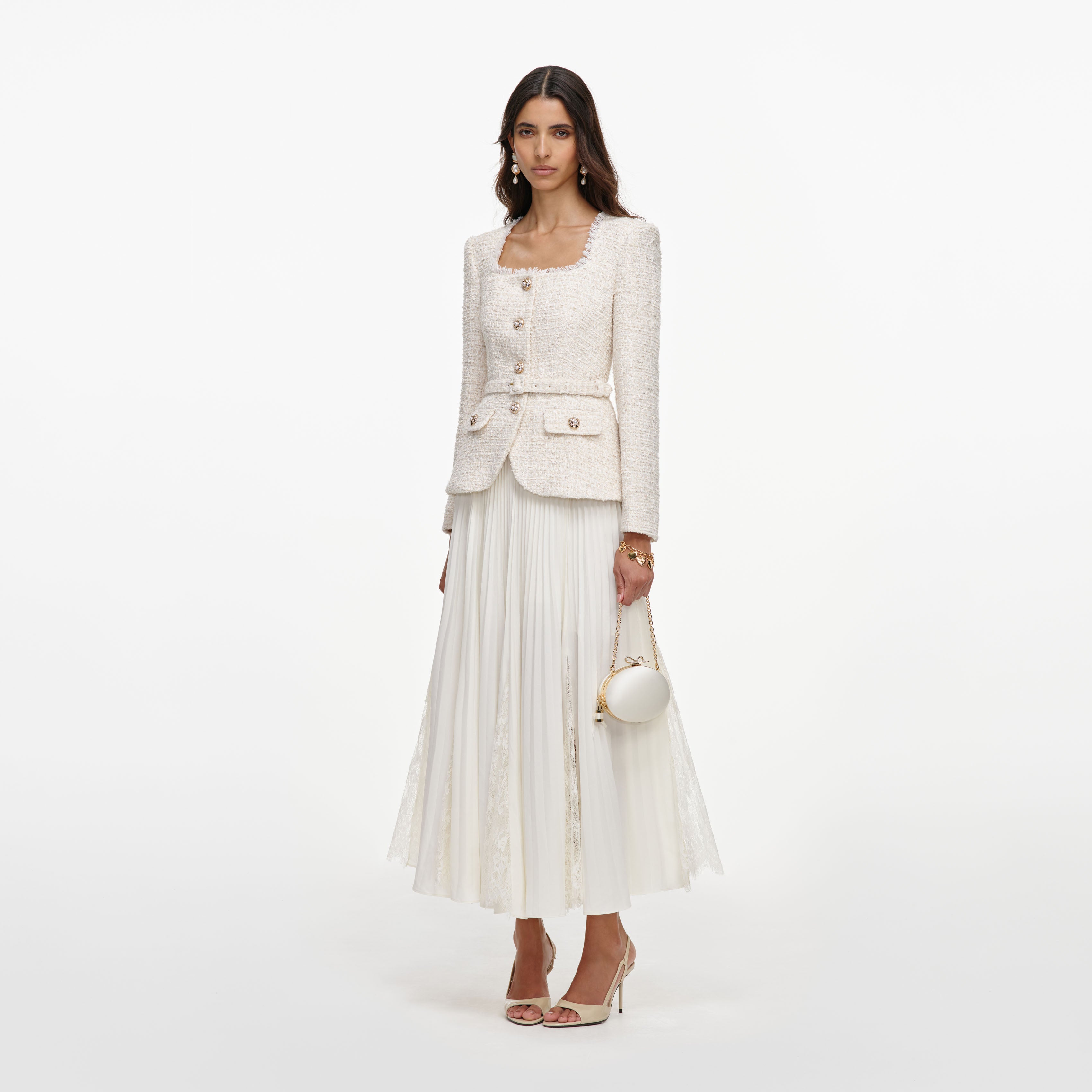 Self Portrait Cream Boucle Chiffon Midi Kleid Creme