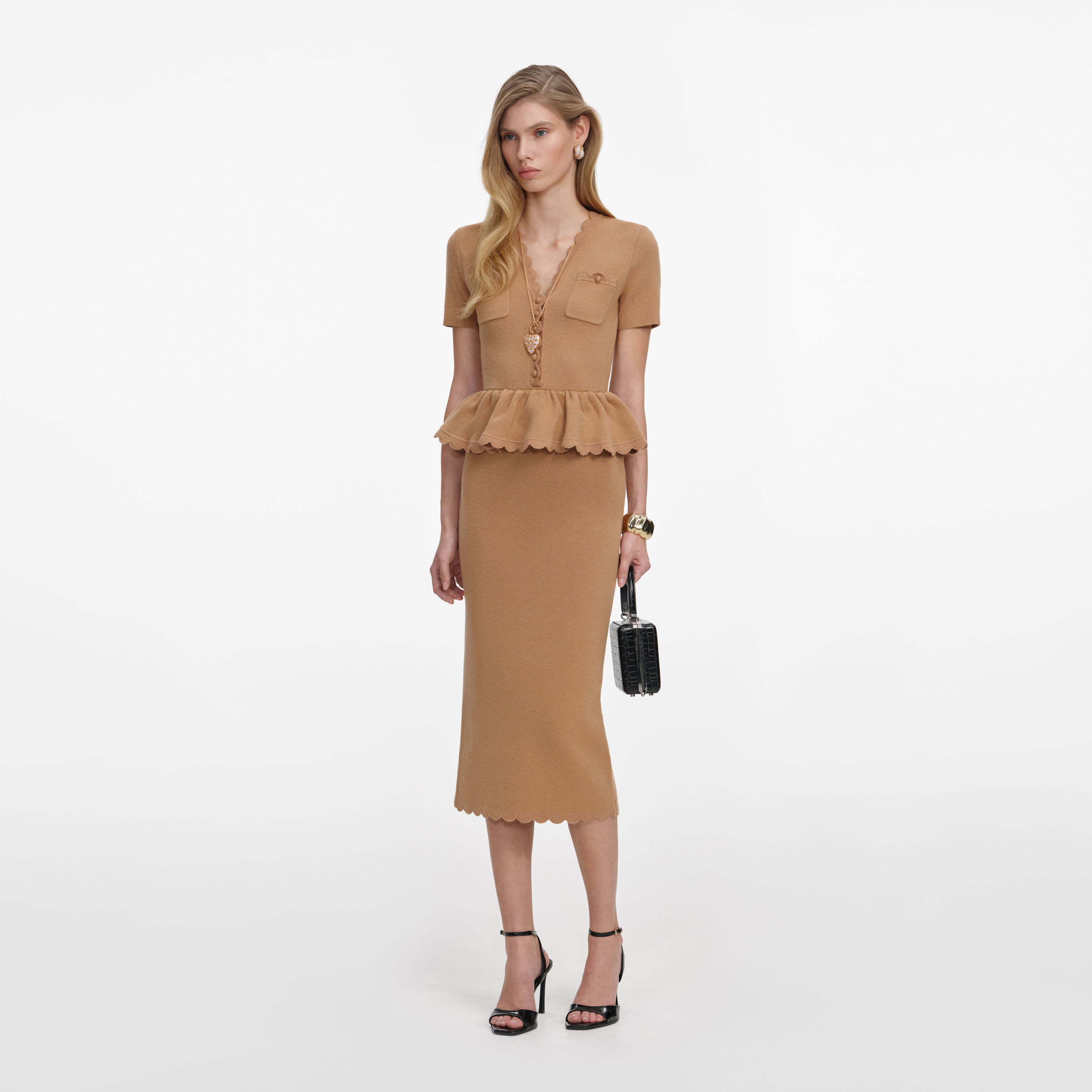 Self Portrait Camel Knit Peplum Midi Kleid Gr. S