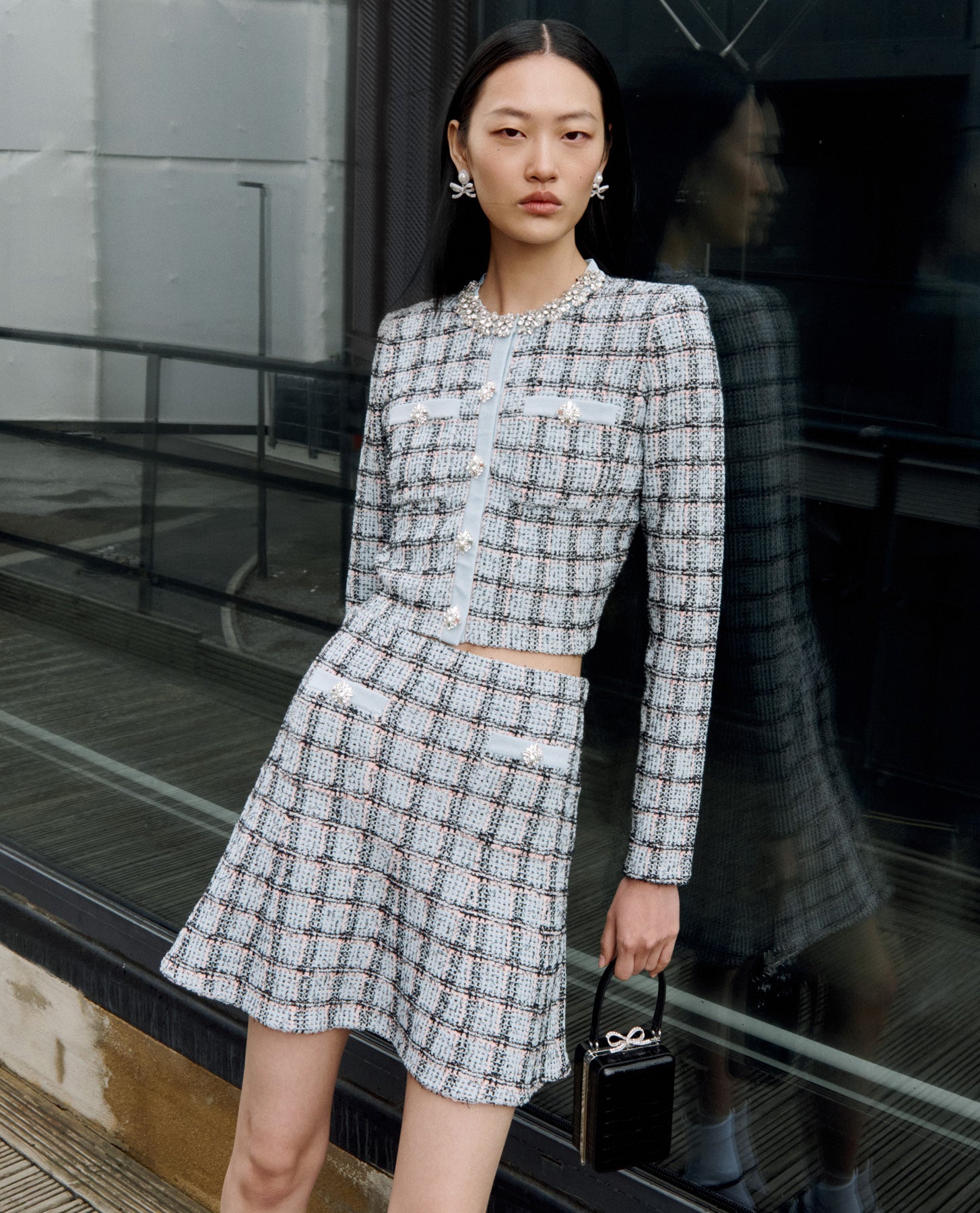 Self Portrait Knitwear Blue Check Knit Strickjacke Blau Diamante