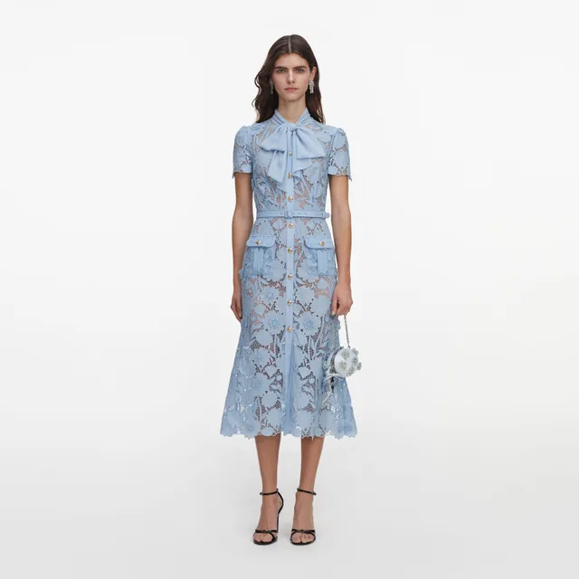 Self Portrait Blue Lace Tie Neck Midi Dress Kleid Hellblau UK 6