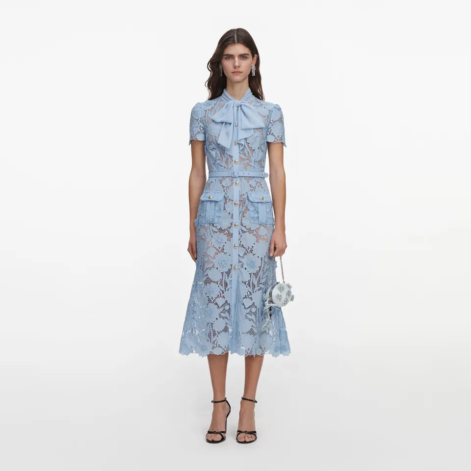 Self Portrait Blue Lace Tie Neck Midi Dress Kleid Hellblau UK 6