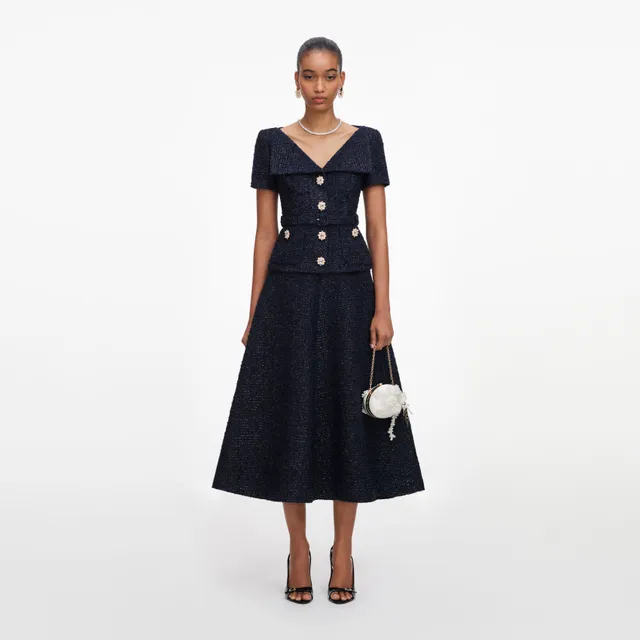 Self Portrait Boucle Midikleid Navy Diamante-Knöpfe Taschen