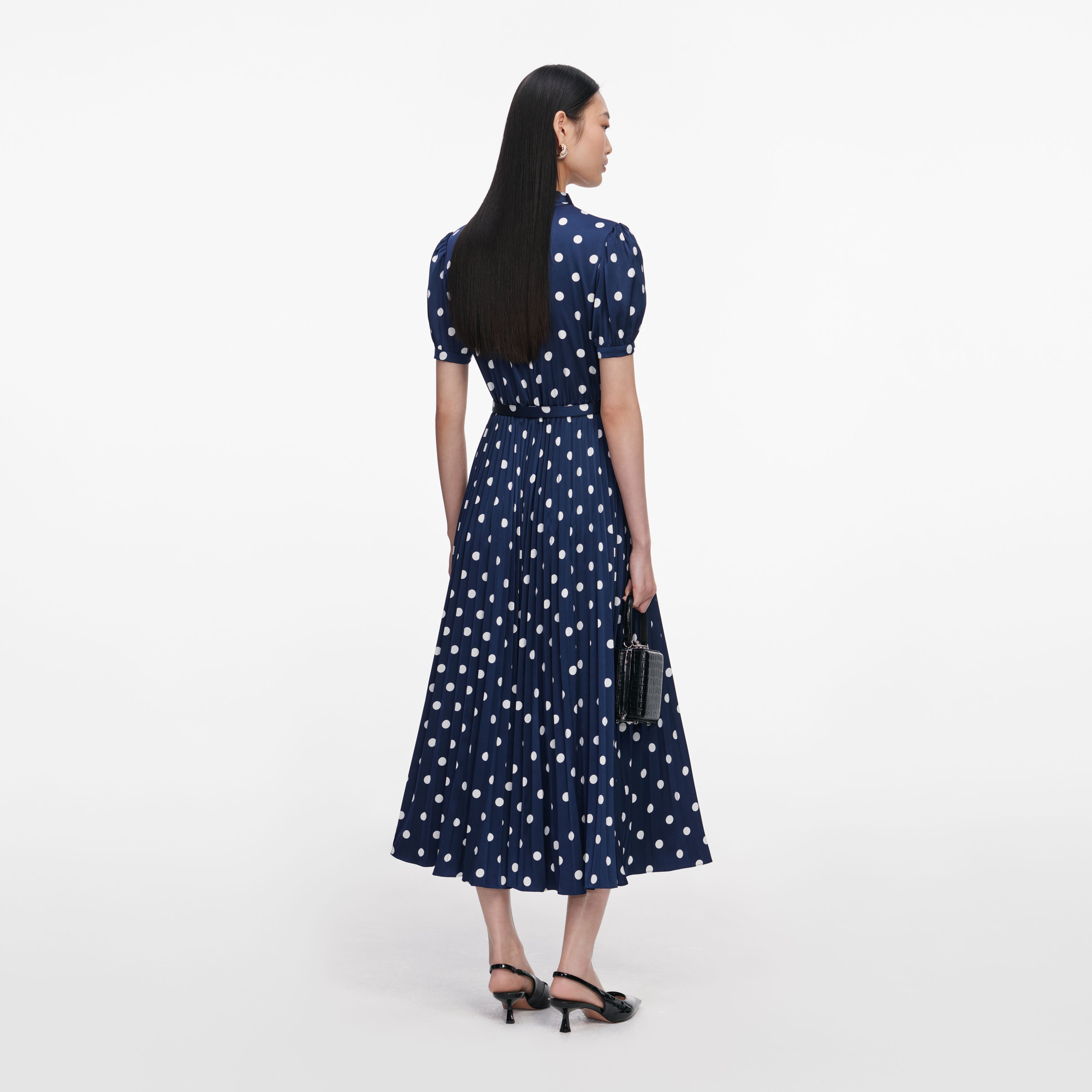 Self Portrait Navy Polka Dot Satin Midi Kleid Navy UK 8 Punkte