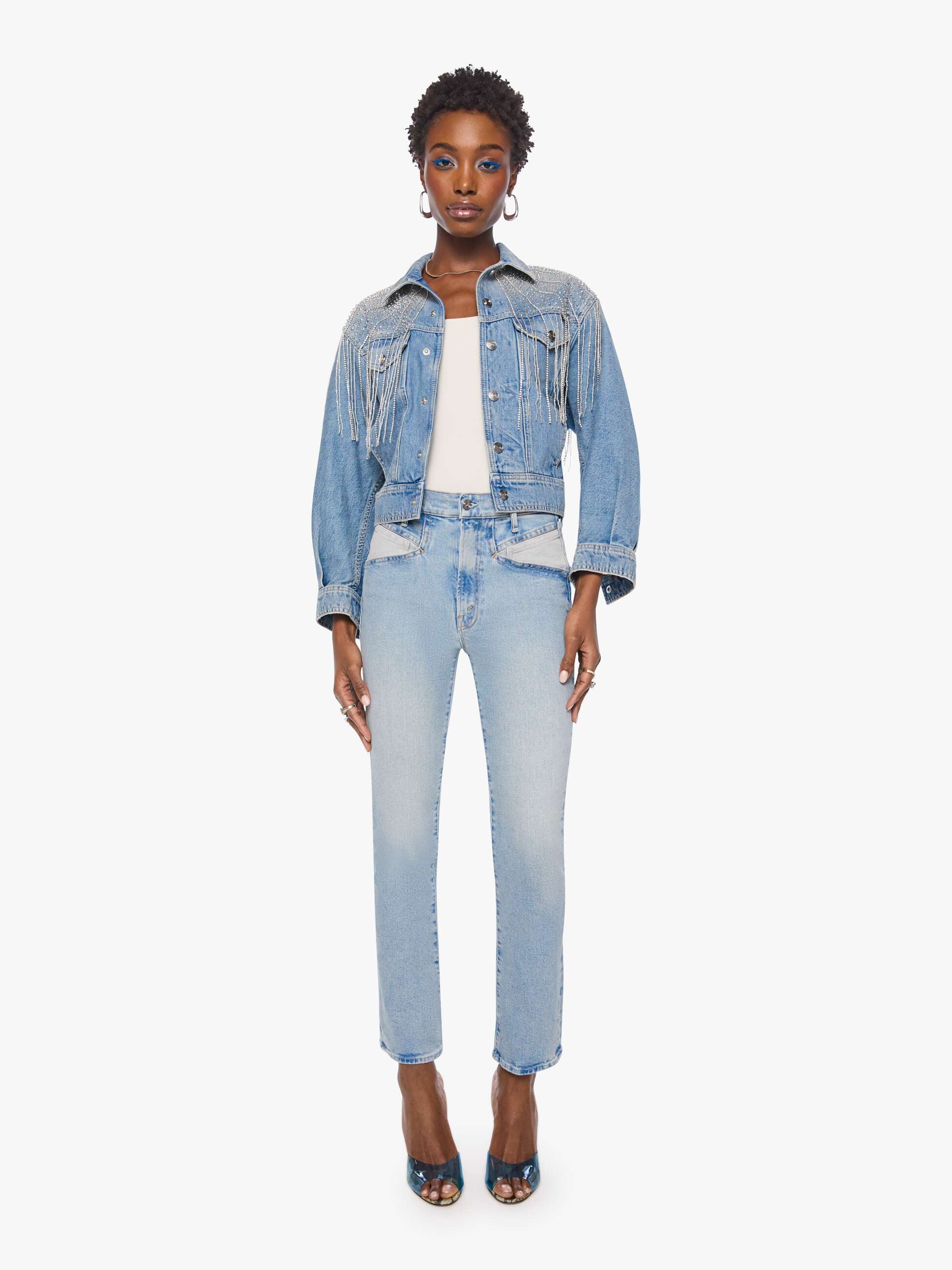 Mother The Fly Away Jeansjacke Sparkle Emergency Kit Blau