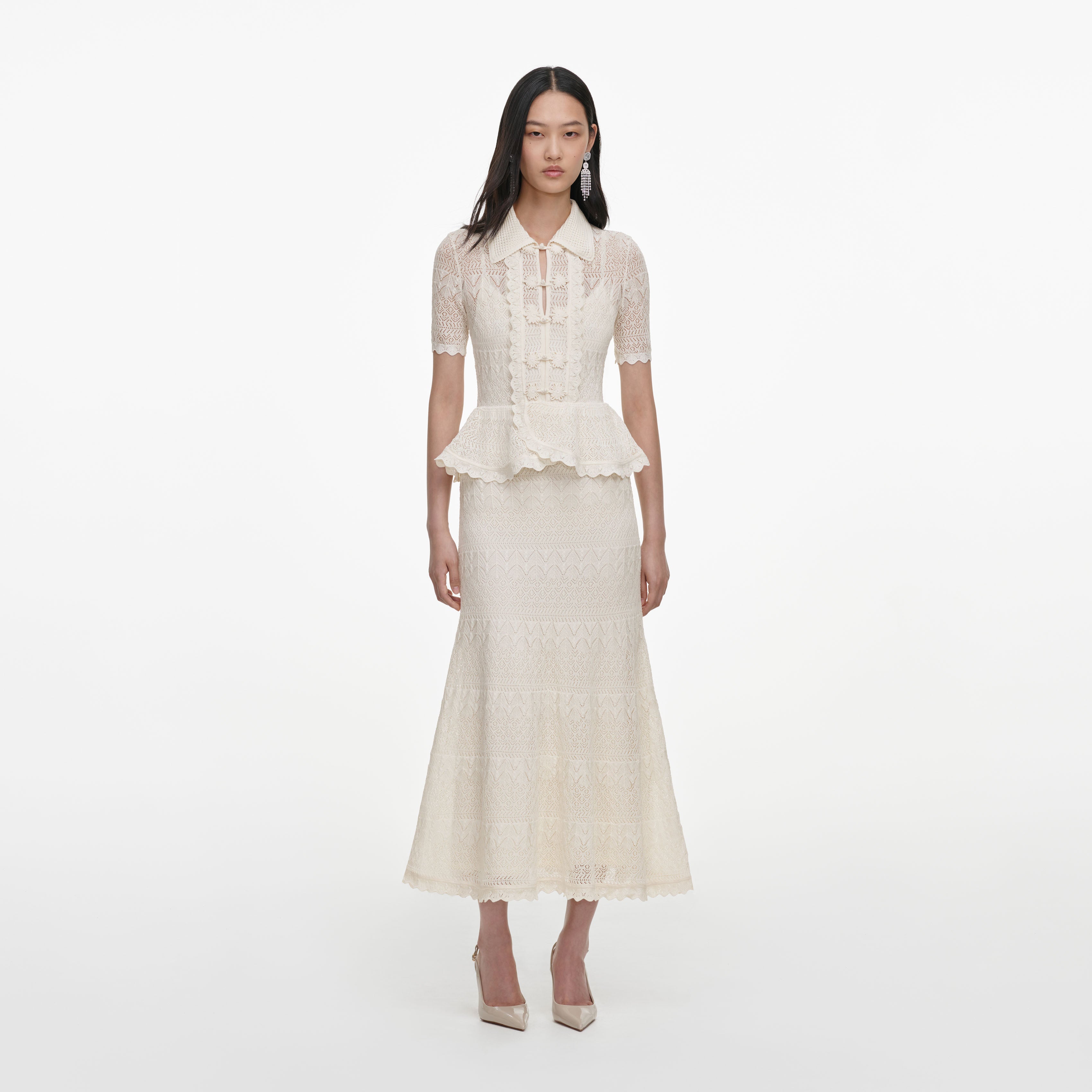 Self Portrait Cream Pointelle Knit Wrap Midi Kleid Creme