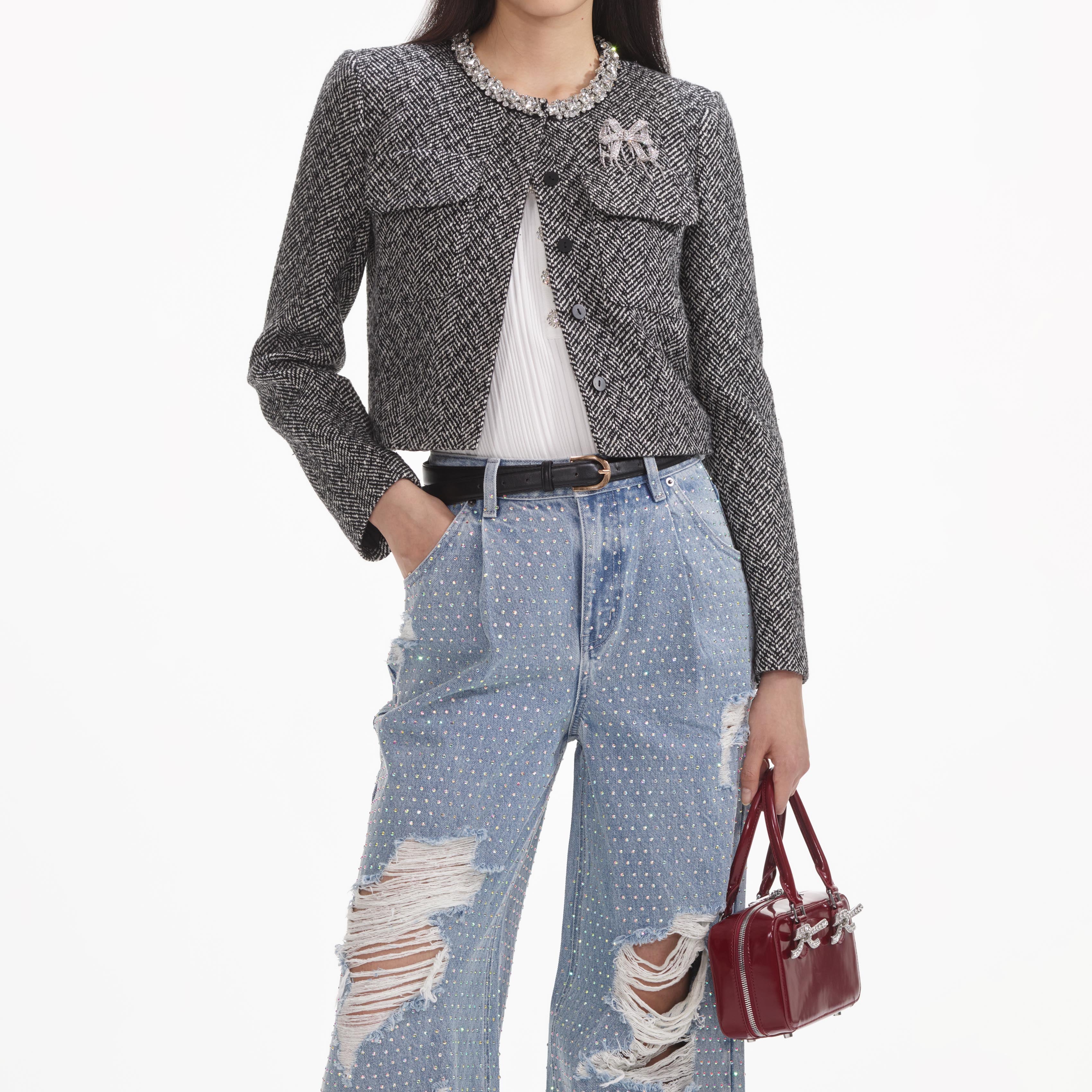 Self Portrait Rhinestone Ombre Distressed Jeans Blau Strass