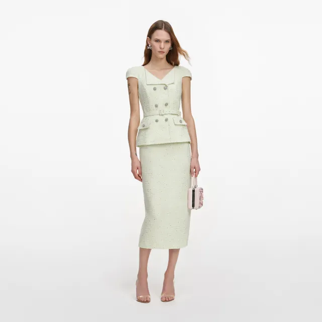 Self Portrait Lime Boucle Midi Kleid Grün Gürtel