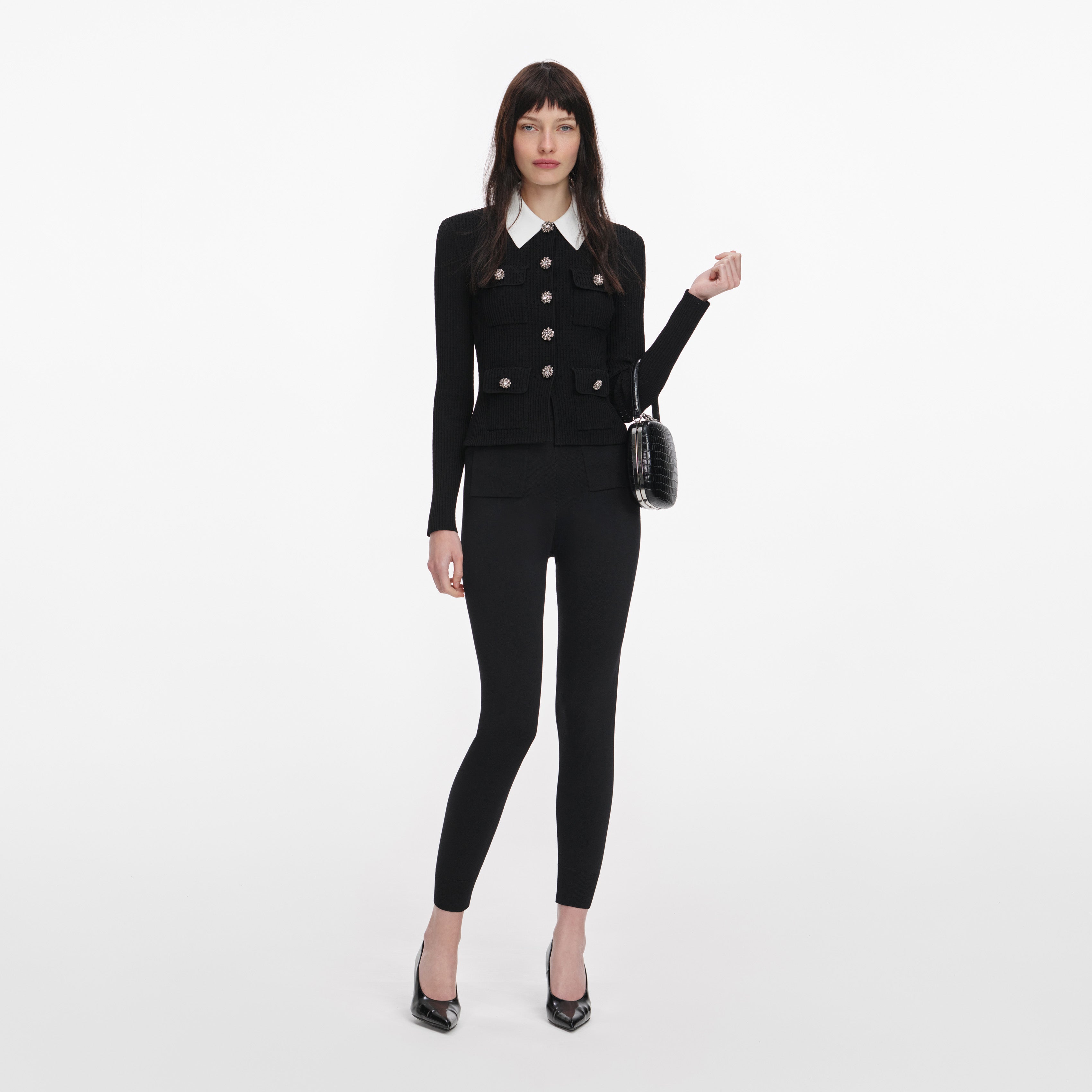 Self Portrait Black Tailored Knit Top Stricktop Schwarz S