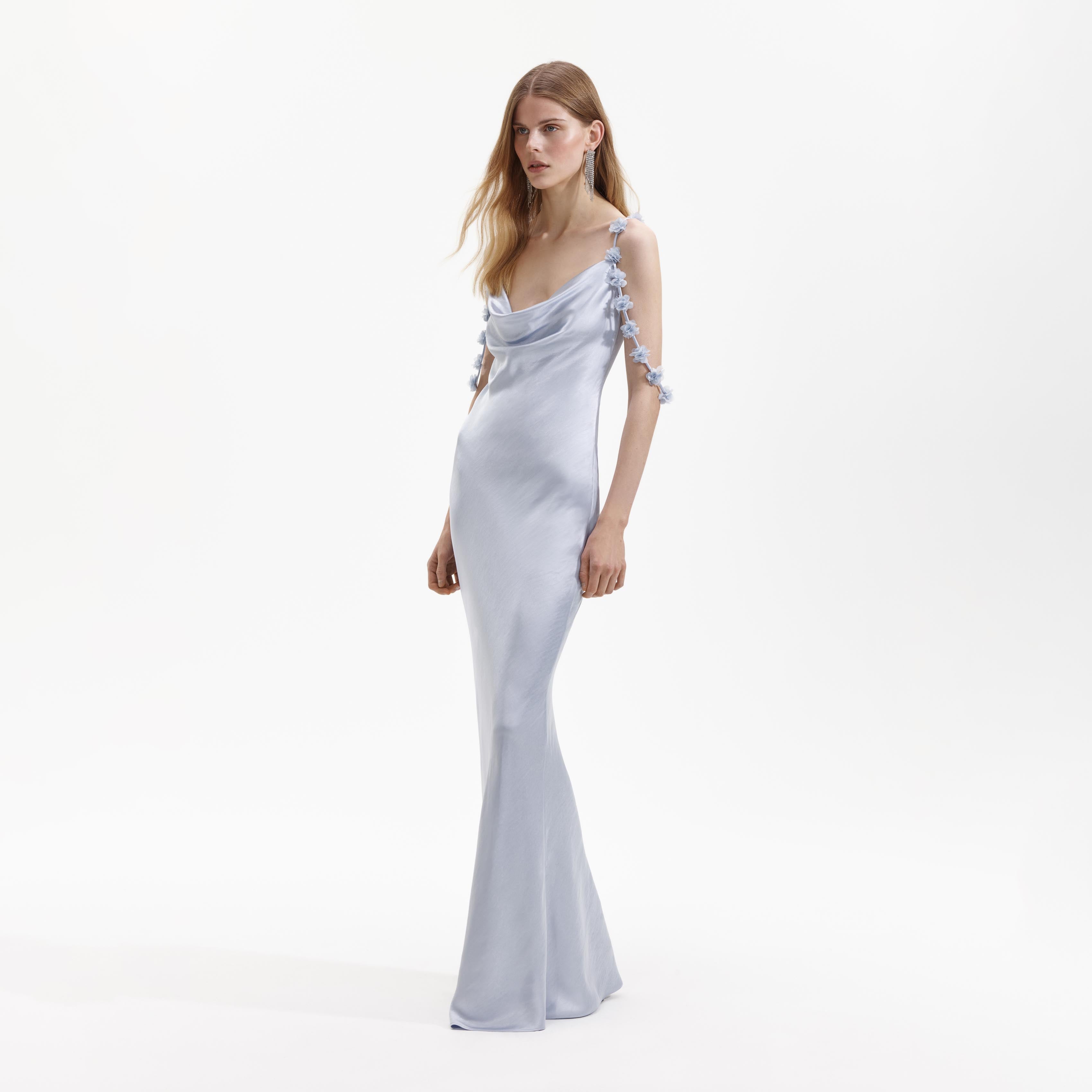 Self-Portrait Blue Satin Flower Maxikleid Blau Satin Gr. UK 4-16