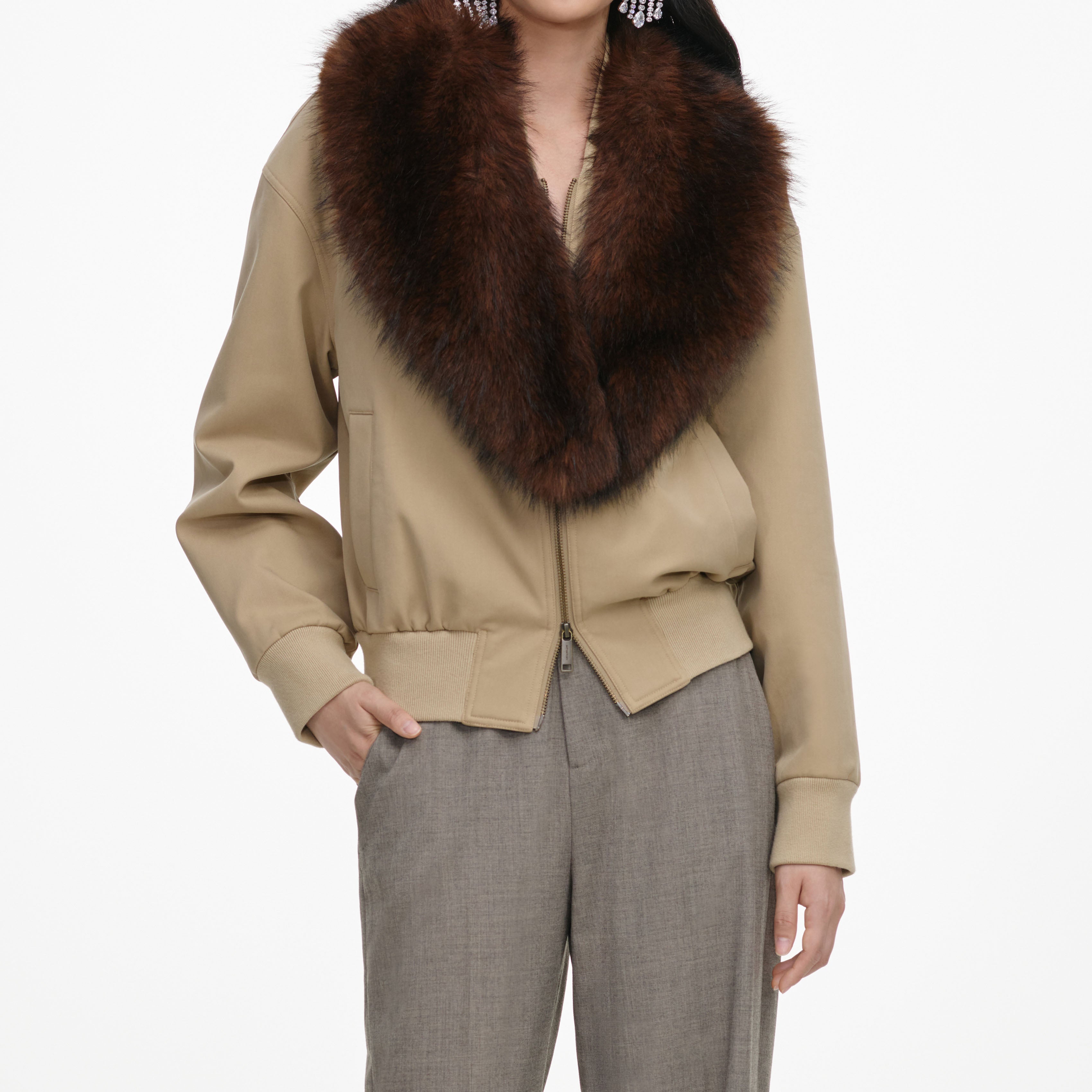 Self Portrait Outerwear Beige Faux Fur Bomber Jacke Beige UK 8