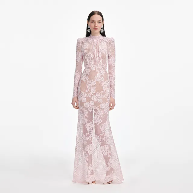 Self Portrait Pale Pink Rhinestone Maxi Kleid Rosa UK 6 Spitze