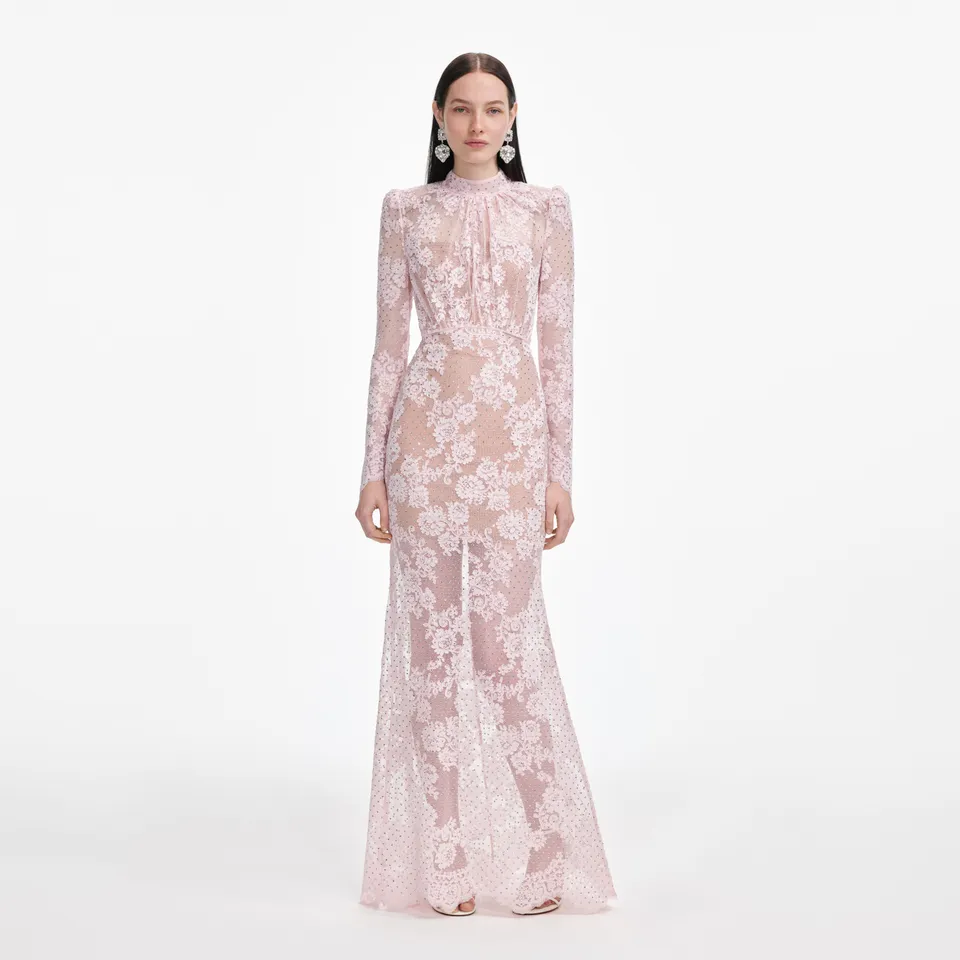 Self Portrait Pale Pink Rhinestone Maxi Kleid Rosa UK 6 Spitze