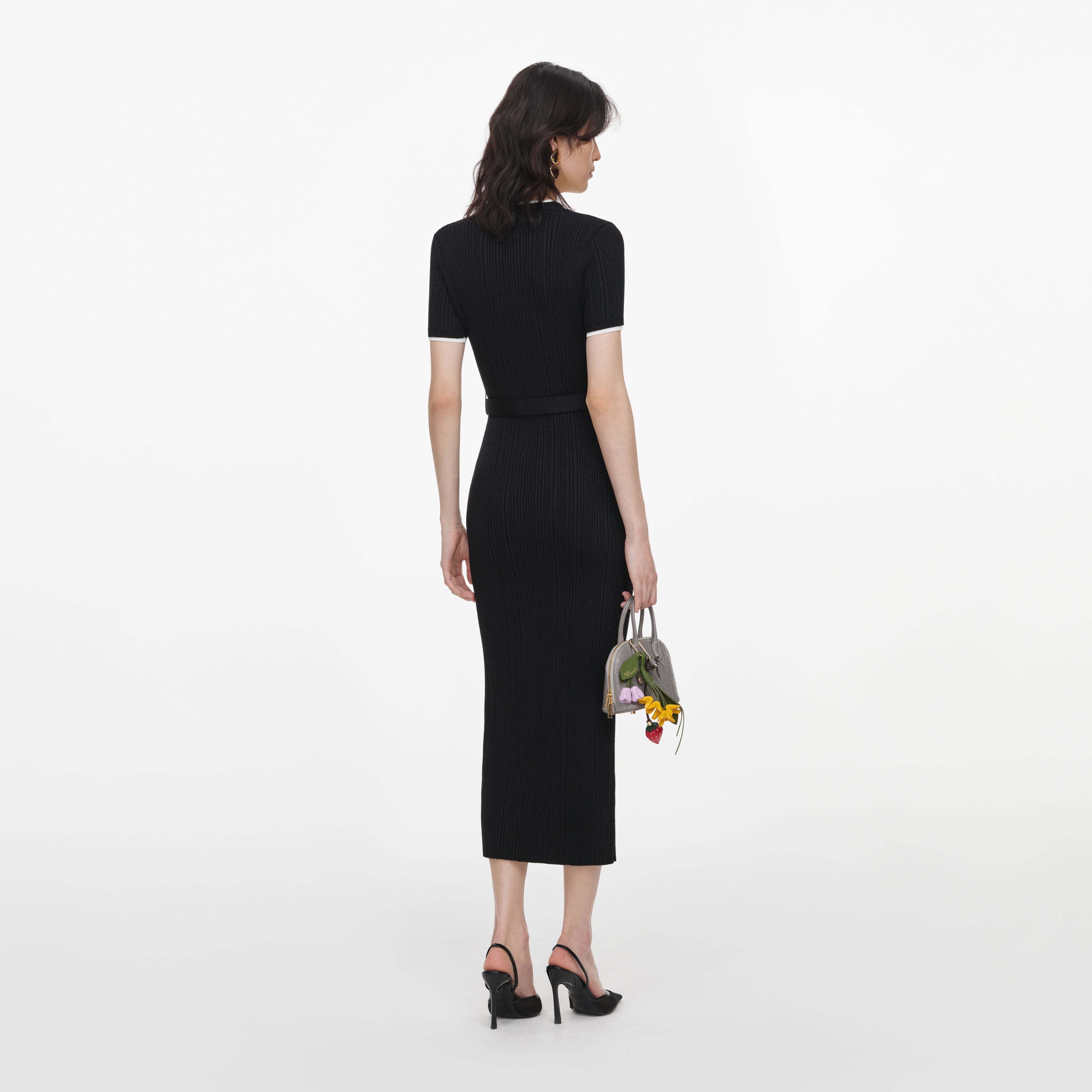 Self Portrait Black Rib Knit Midi Dress Kleid Schwarz Strick