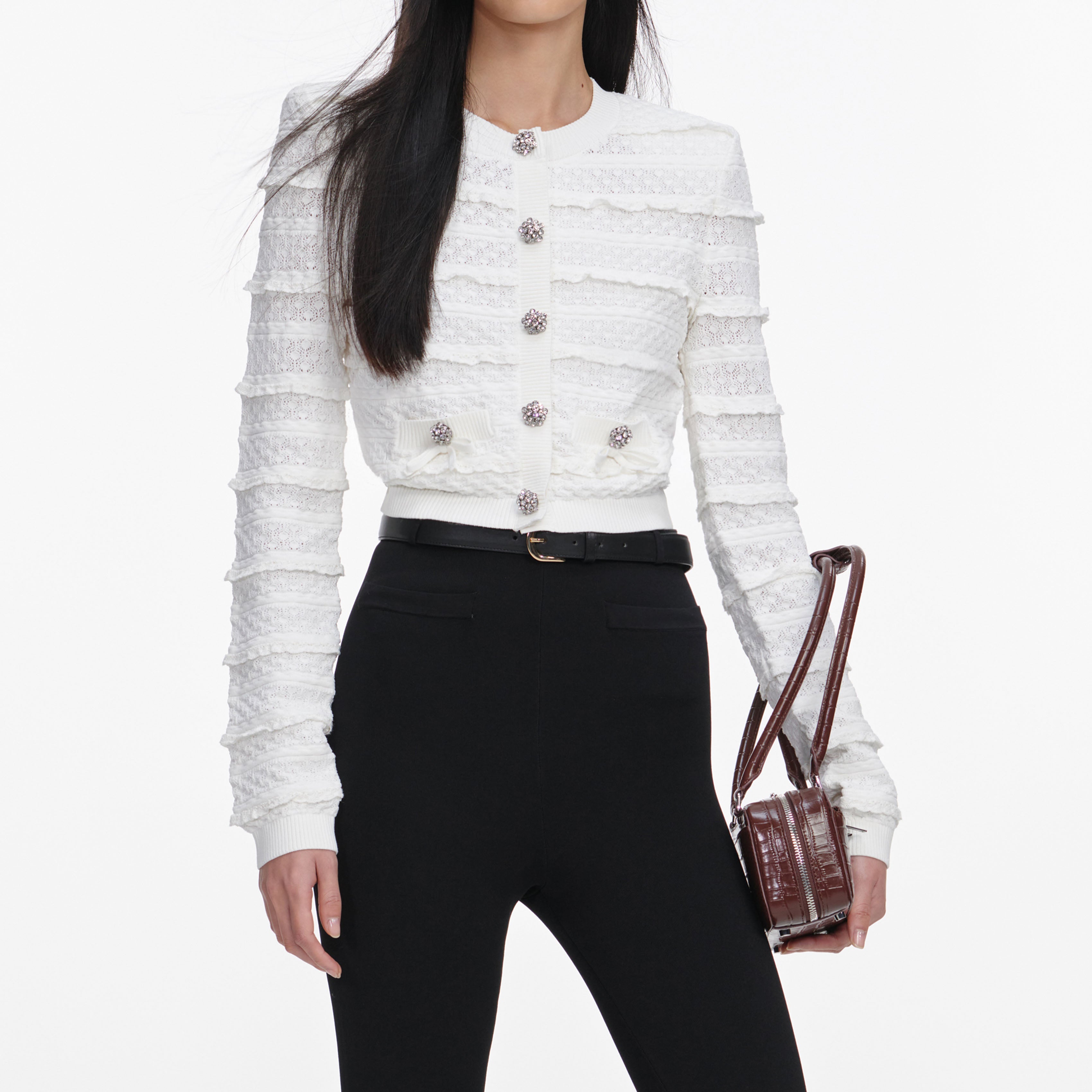 Self Portrait Pointelle Diamante Cardigan Weiß