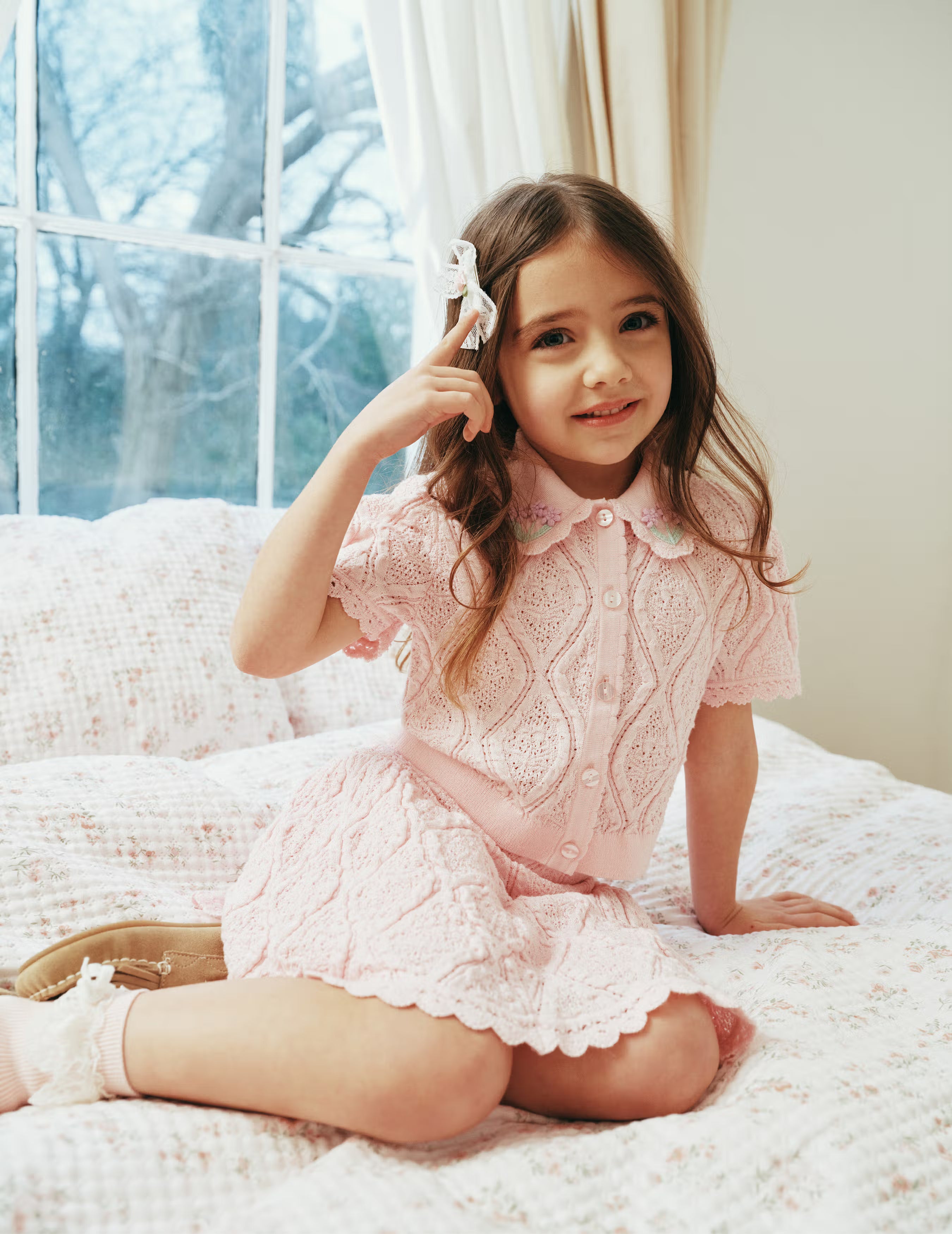 Self Portrait Pink Flower Knit Top Kinder Rosa 3-12 Jahre