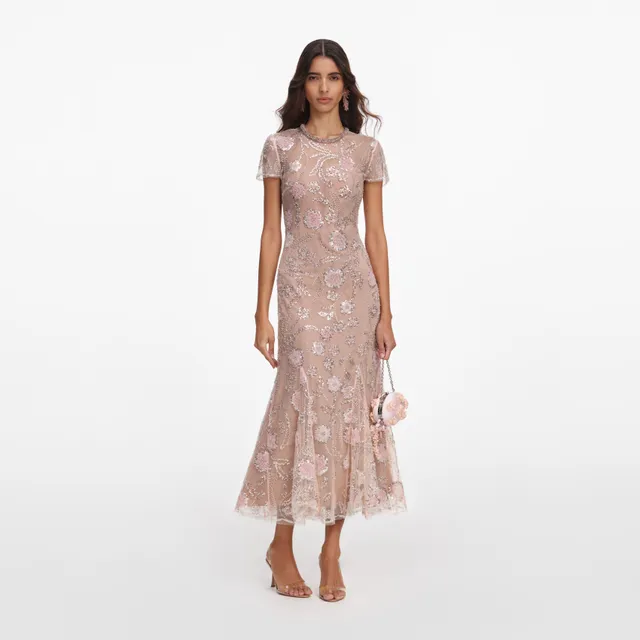 Self Portrait Pink Flower Sequin Midi Kleid Rosa Pailletten